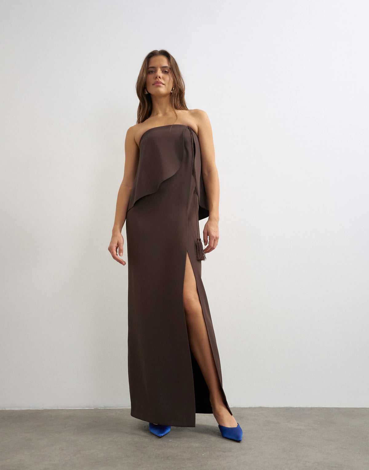 Topshop heavy crepe fold over bandeau maxi dress with tassel detail in chocolate