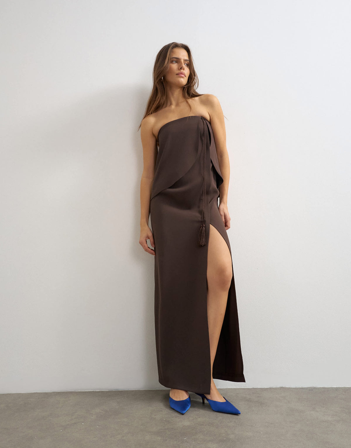 Topshop heavy crepe fold over bandeau maxi dress with tassel detail in chocolate
