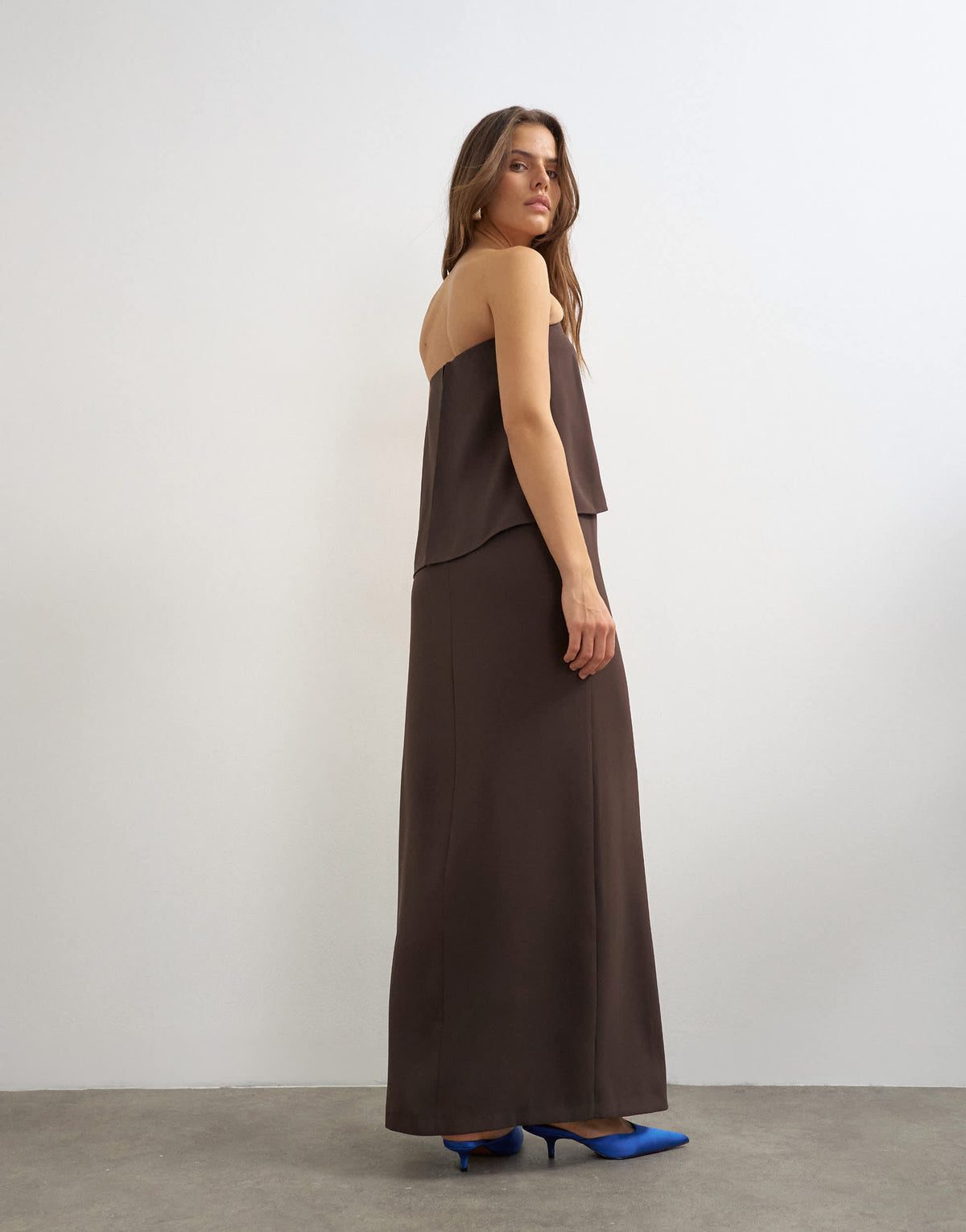 Topshop heavy crepe fold over bandeau maxi dress with tassel detail in chocolate