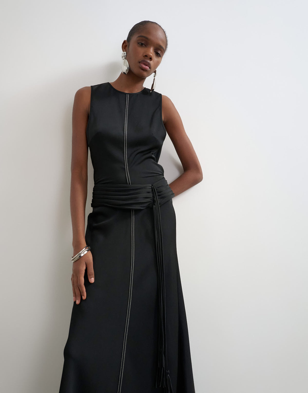 Topshop premium satin dropped waist sash detail maxi dress in black with contrast top stitching