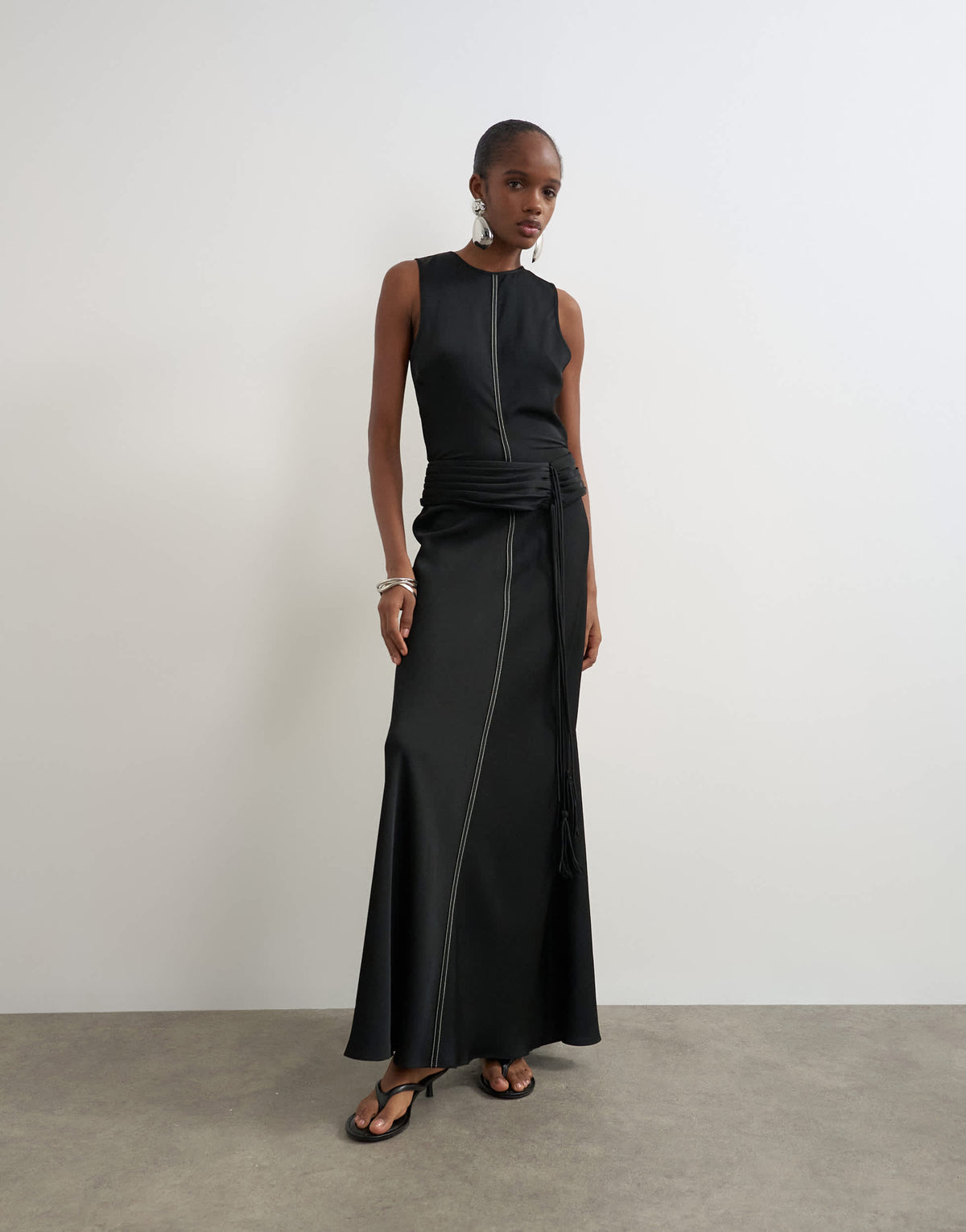 Topshop premium satin dropped waist sash detail maxi dress in black with contrast top stitching