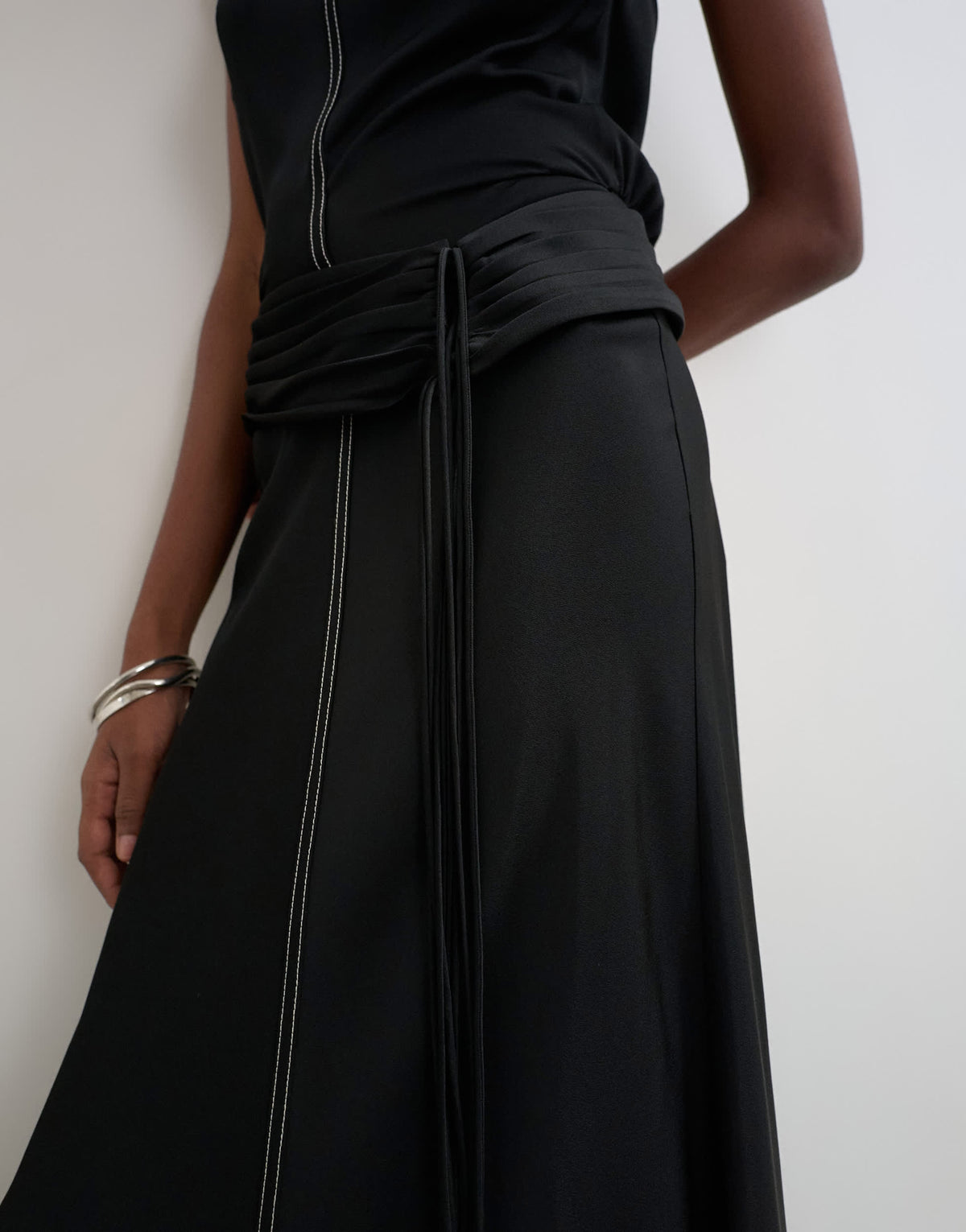 Topshop premium satin dropped waist sash detail maxi dress in black with contrast top stitching