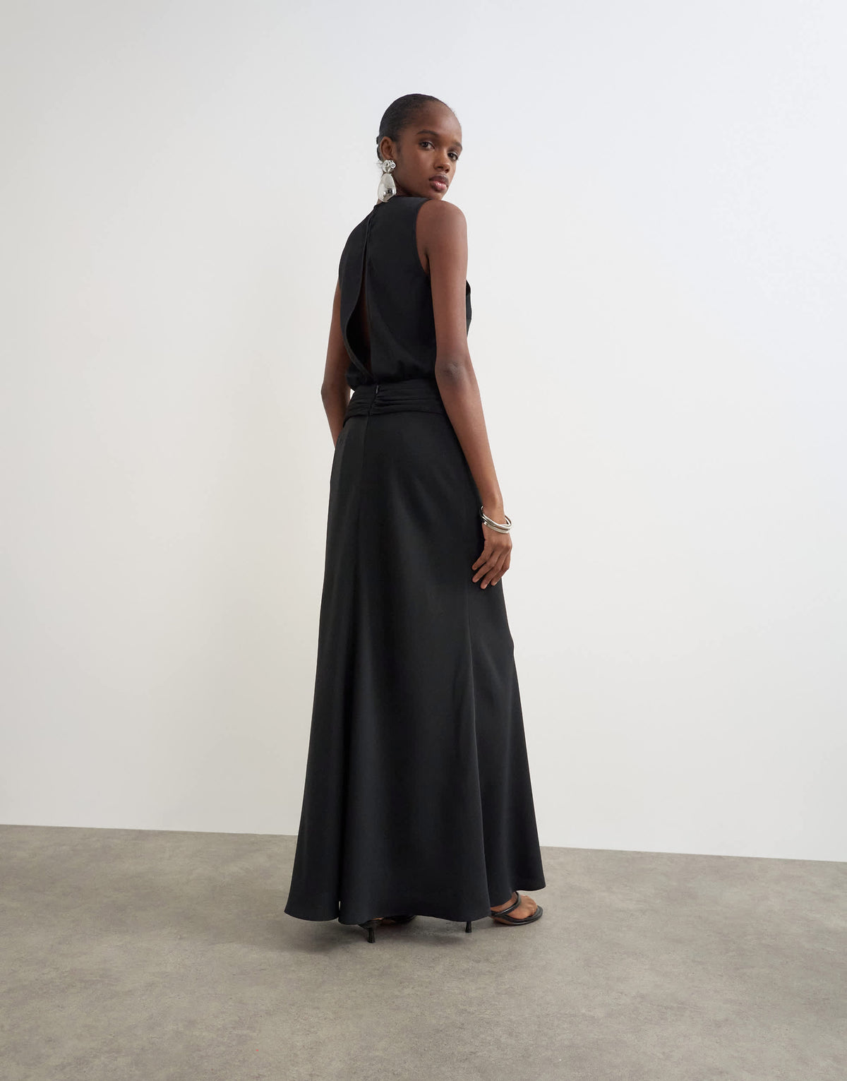 Topshop premium satin dropped waist sash detail maxi dress in black with contrast top stitching