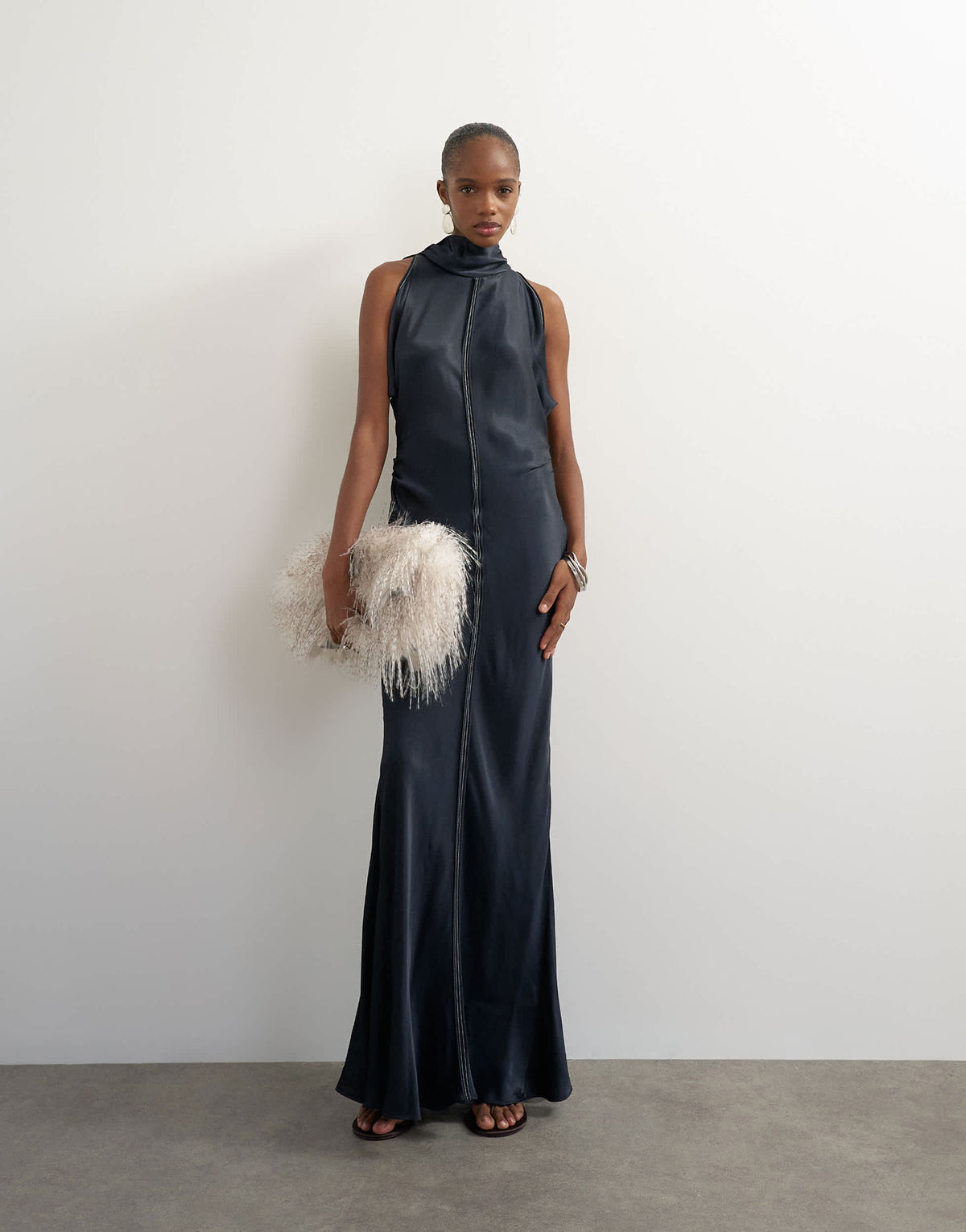 Topshop premium viscose satin maxi dress with raw seam detail in navy with ecru topstitching
