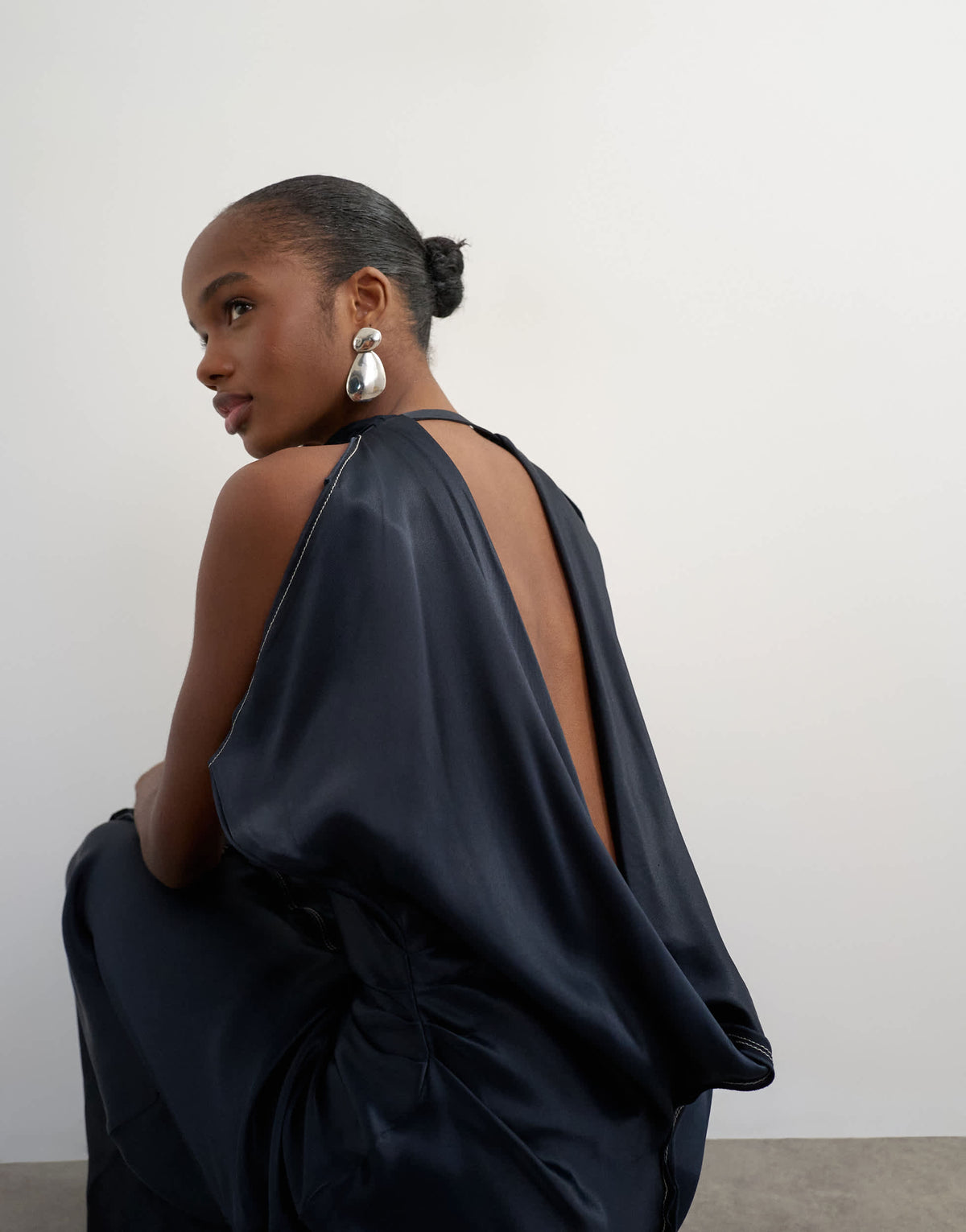 Topshop premium viscose satin maxi dress with raw seam detail in navy with ecru topstitching