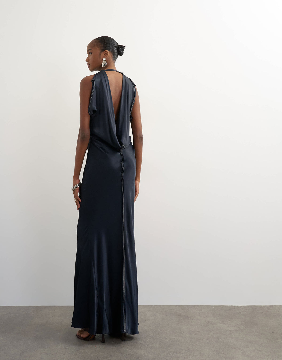 Topshop premium viscose satin maxi dress with raw seam detail in navy with ecru topstitching