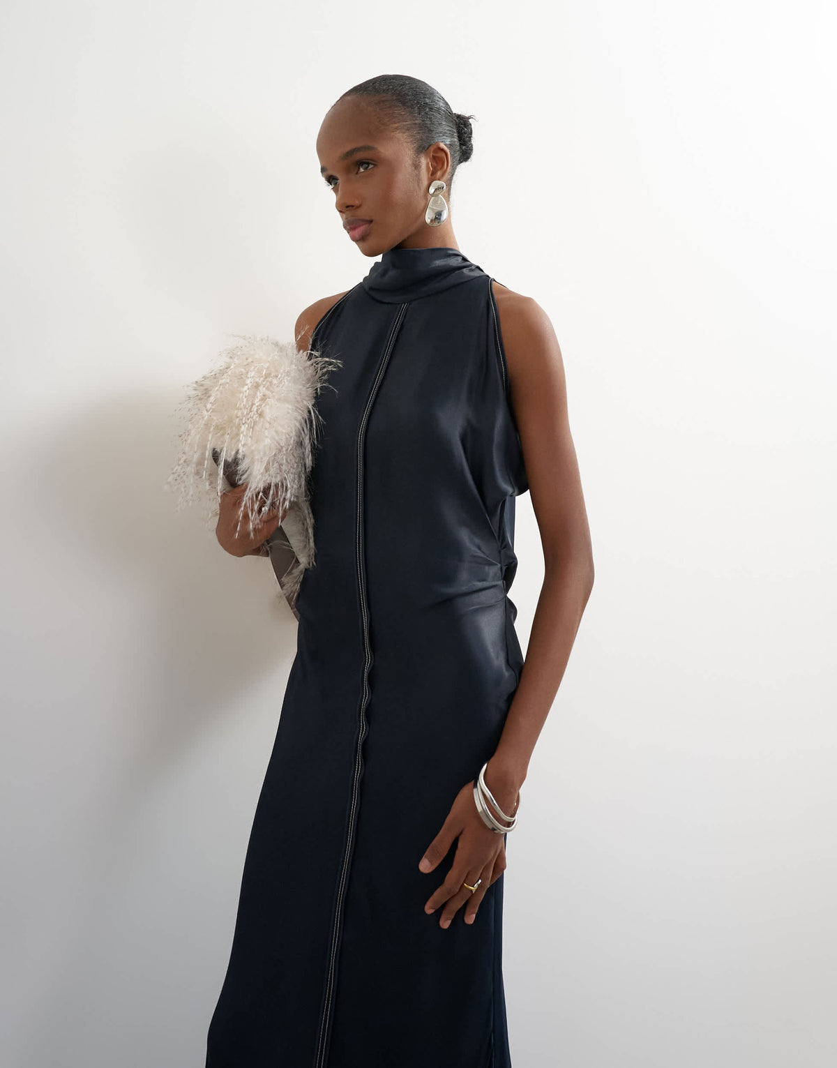 Topshop premium viscose satin maxi dress with raw seam detail in navy with ecru topstitching