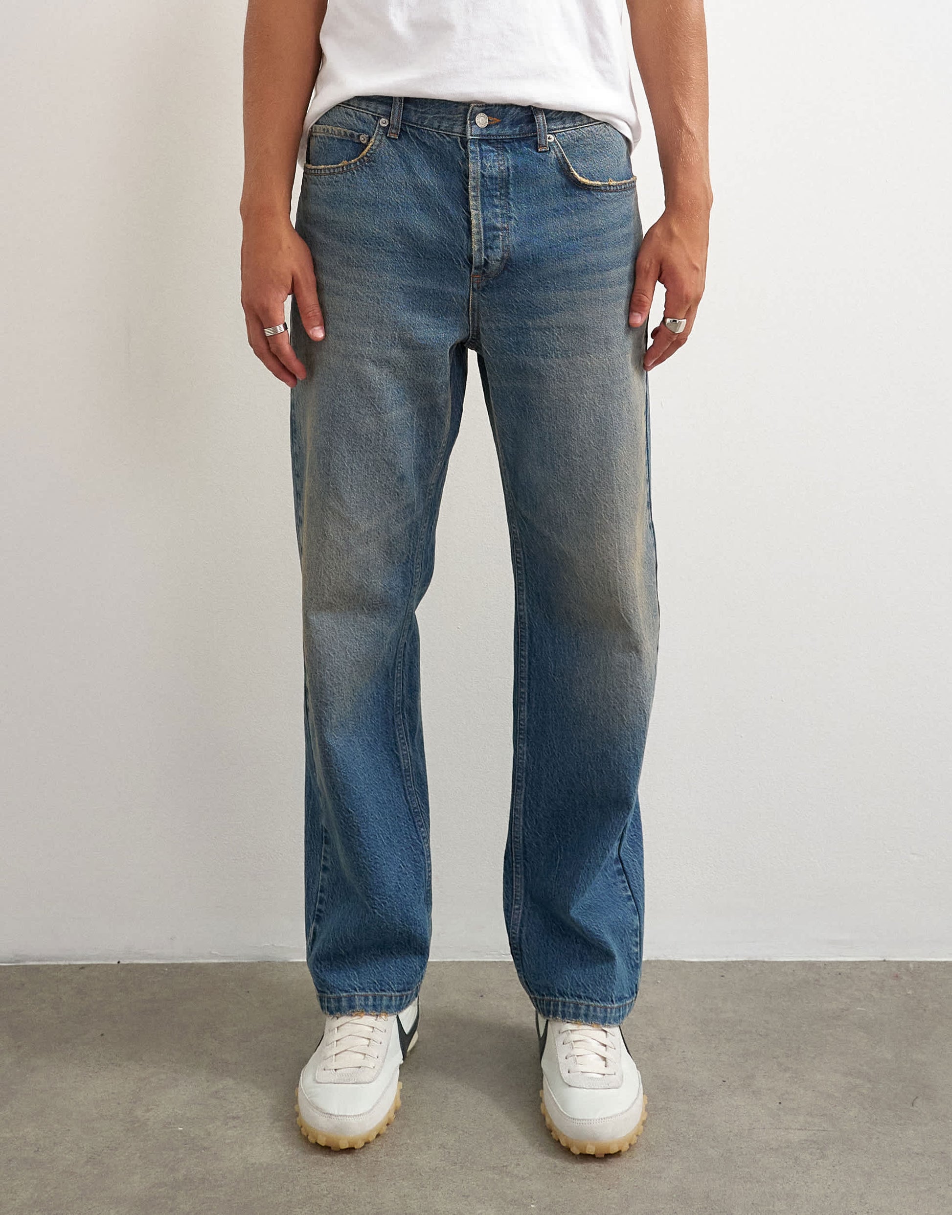 Topman rigid straight fit jean with tint in mid wash