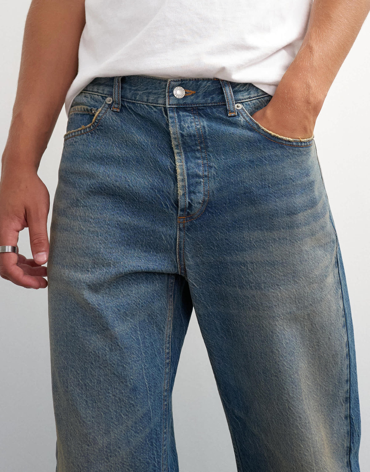 Topman rigid straight fit jean with tint in mid wash