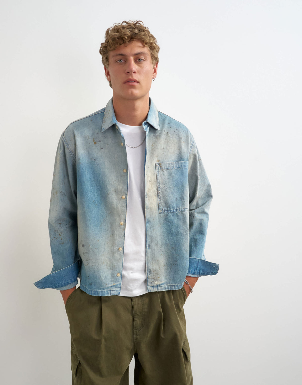Topman relaxed fit denim shirt with distressing in light wash