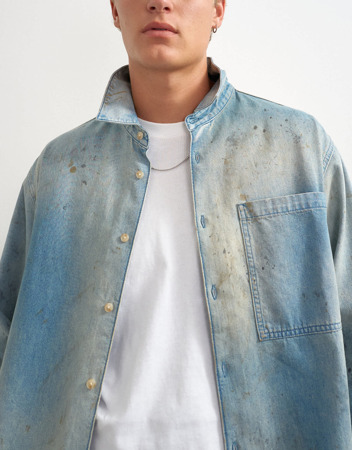 Topman relaxed fit denim shirt with distressing in light wash
