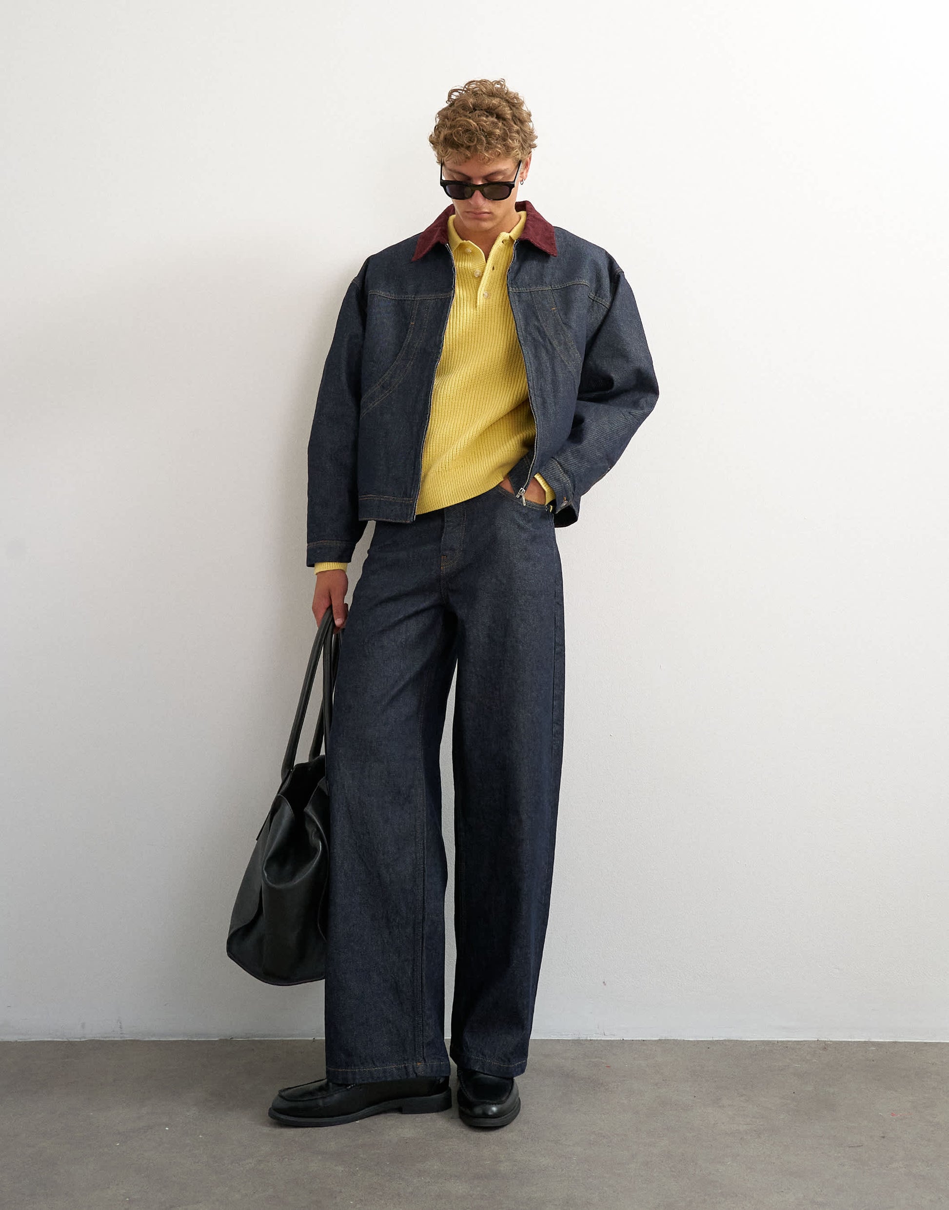 Topman oversized fit quilted denim jacket with cord collar in raw