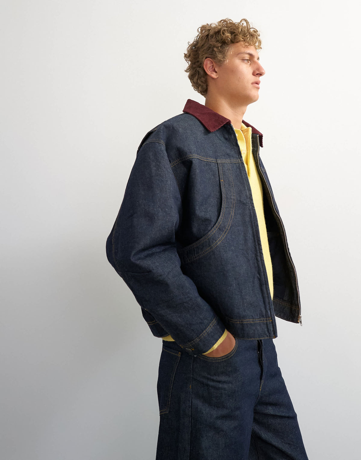 Topman oversized fit quilted denim jacket with cord collar in raw