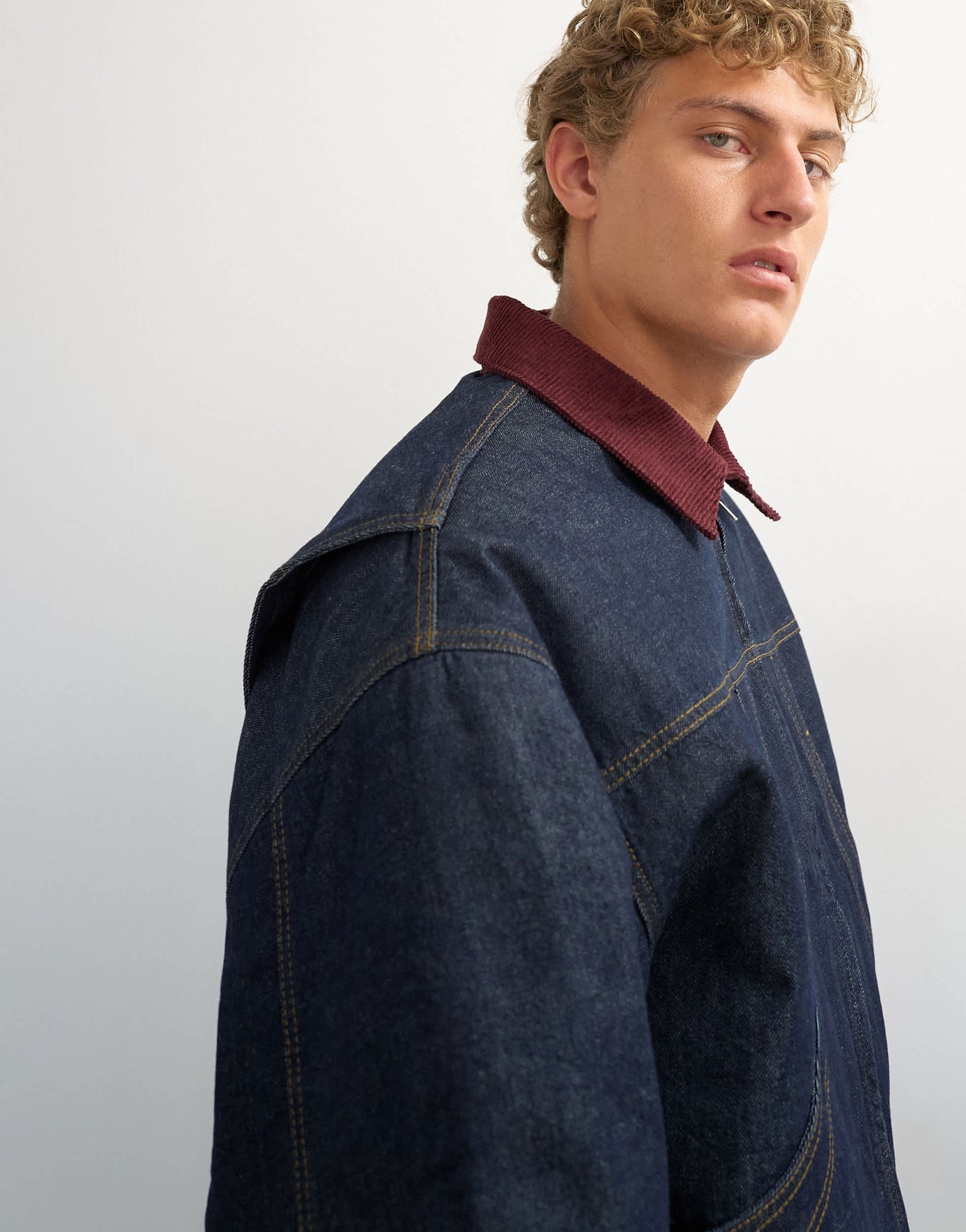 Topman oversized fit quilted denim jacket with cord collar in raw