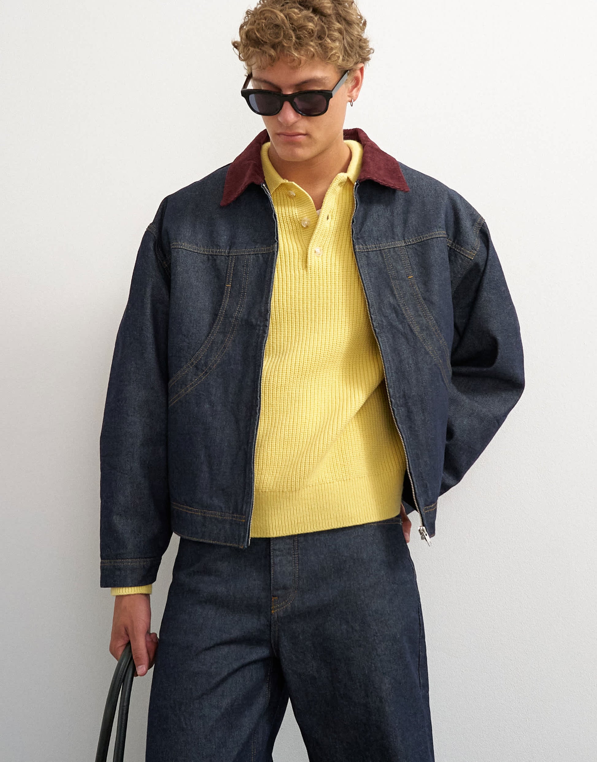 Topman oversized fit quilted denim jacket with cord collar in raw