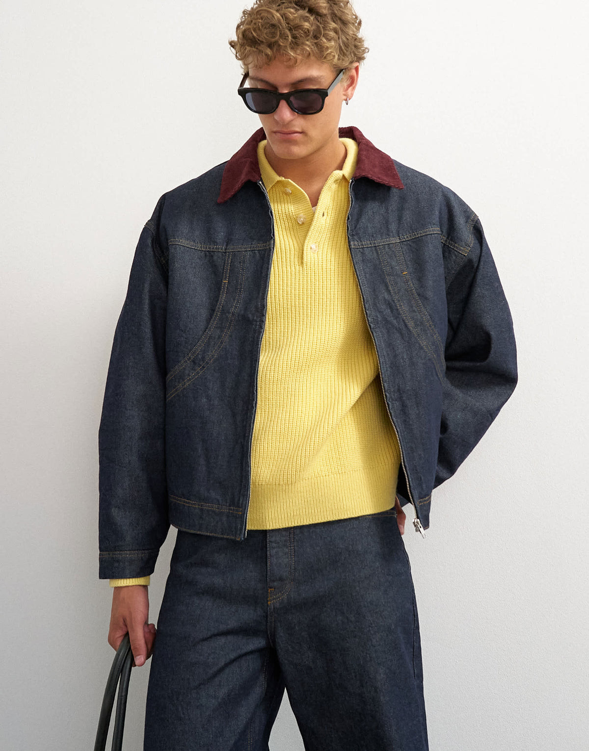 Topman oversized fit quilted denim jacket with cord collar in raw