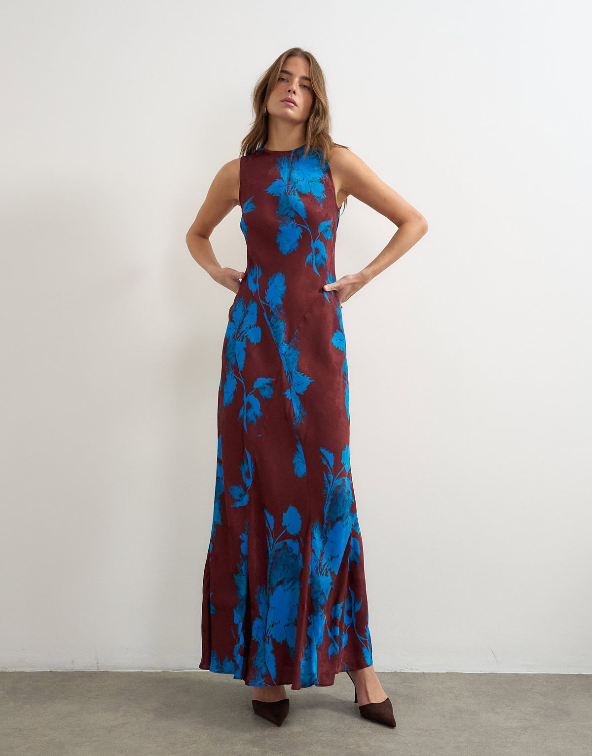 Topshop racer neck midi dress in dark based floral jacquard