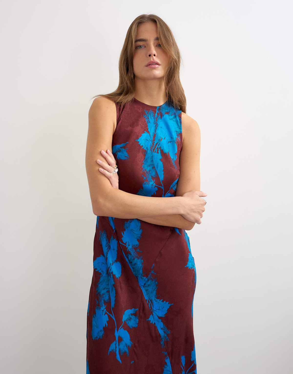 Topshop racer neck midi dress in dark based floral jacquard
