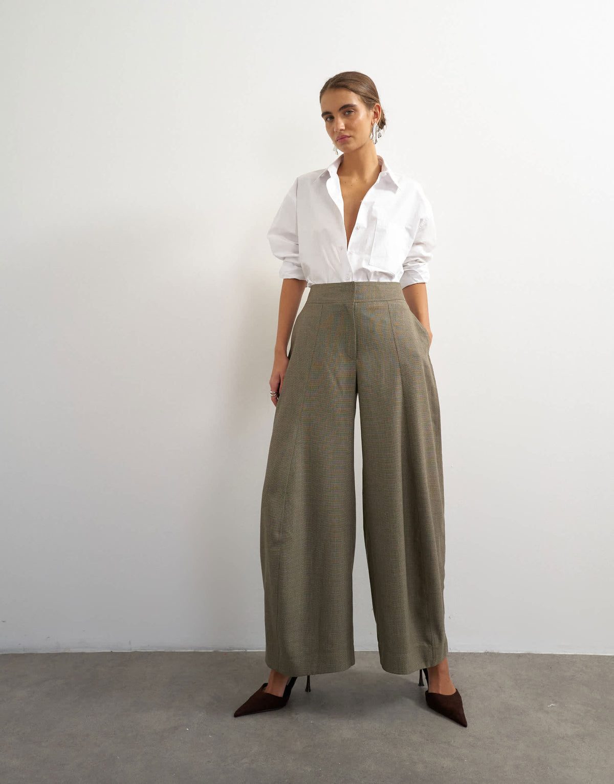 Topshop wide leg flowing trouser in taupe marl