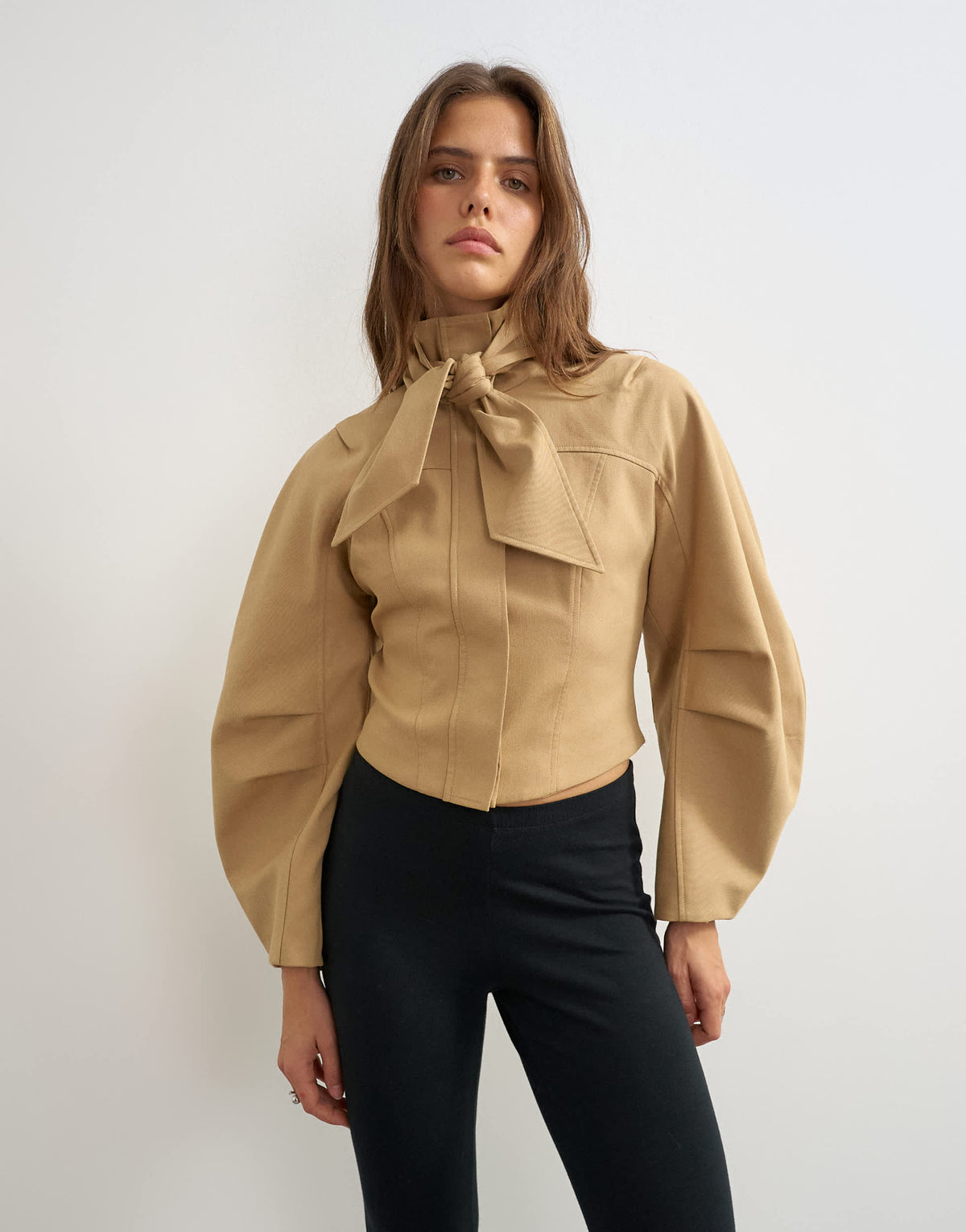 Topshop tie neck fitted ovoid sleeve jacket in beige