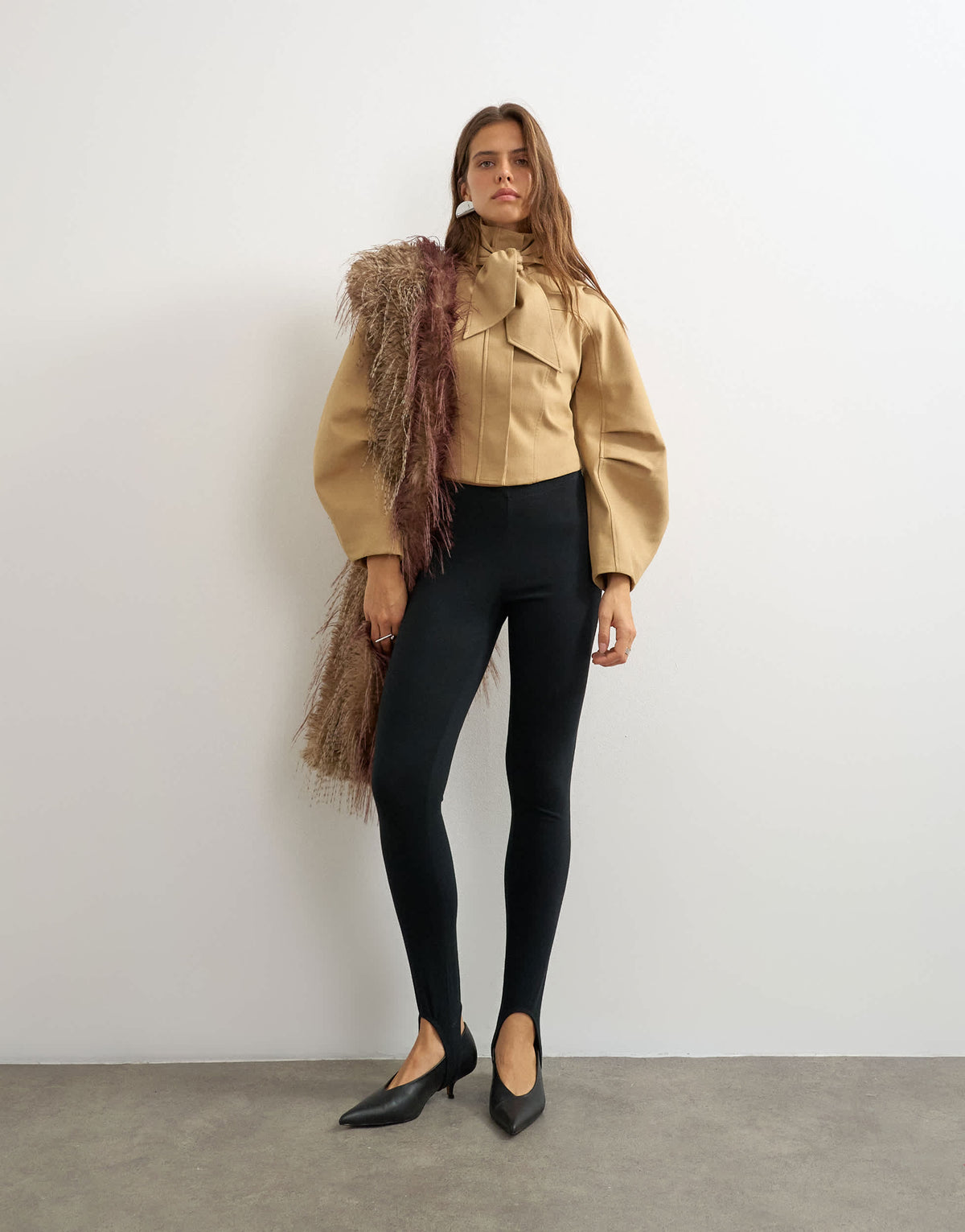 Topshop tie neck fitted ovoid sleeve jacket in beige