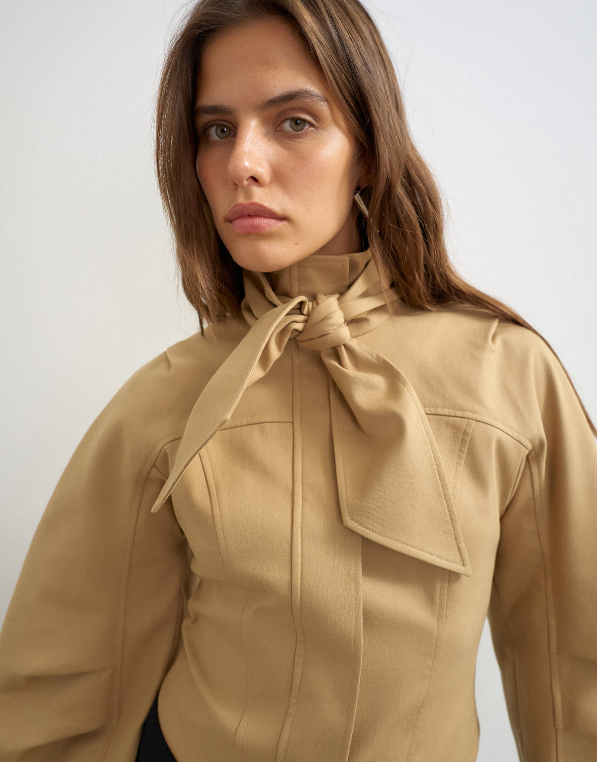 Topshop tie neck fitted ovoid sleeve jacket in beige