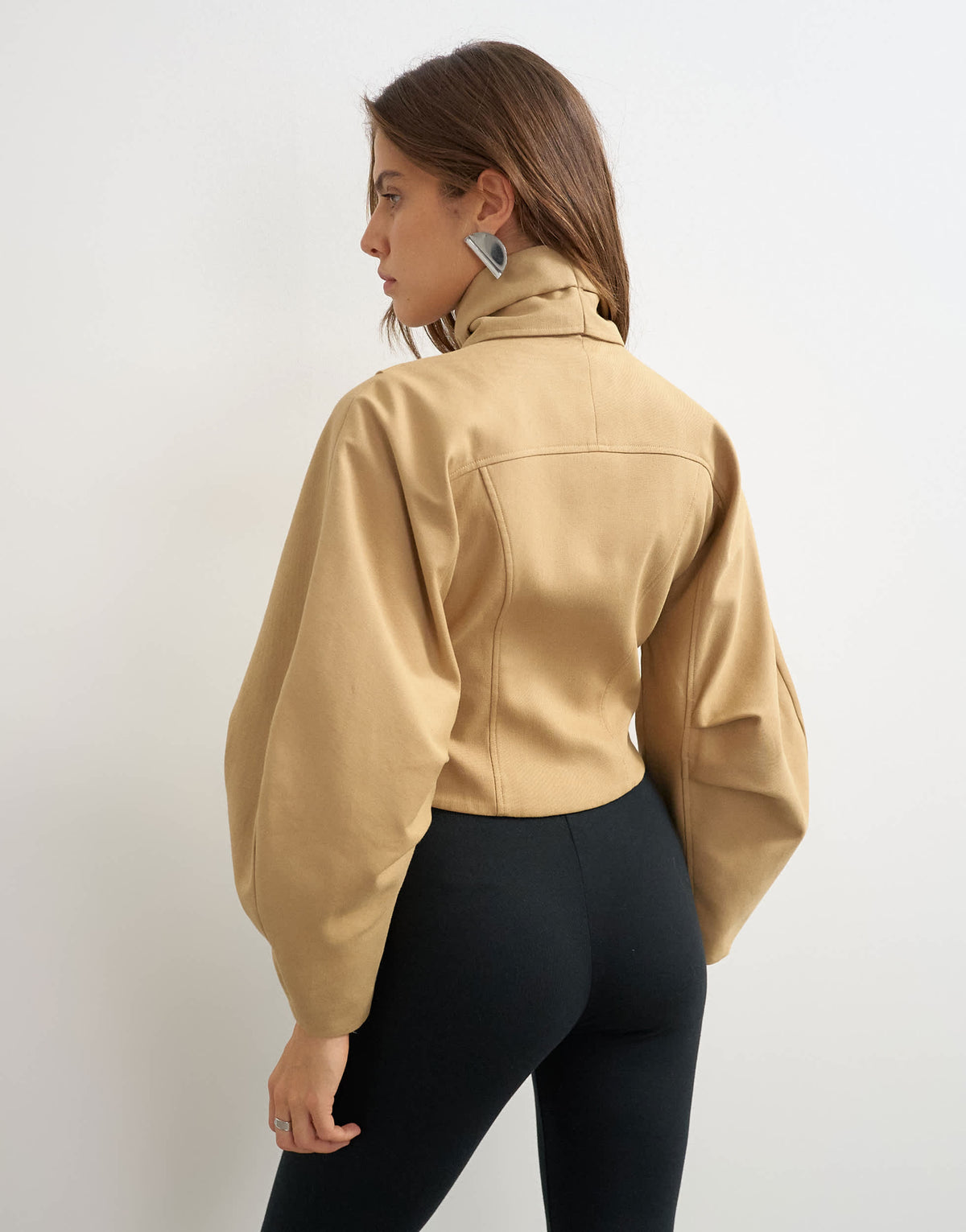 Topshop tie neck fitted ovoid sleeve jacket in beige