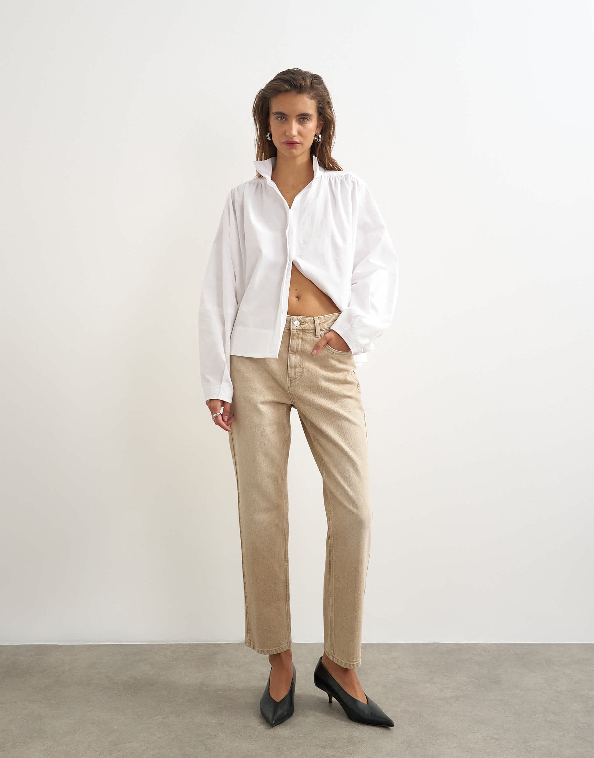 Topshop Orson comfort stretch straight leg ankle grazer jean in winter oat