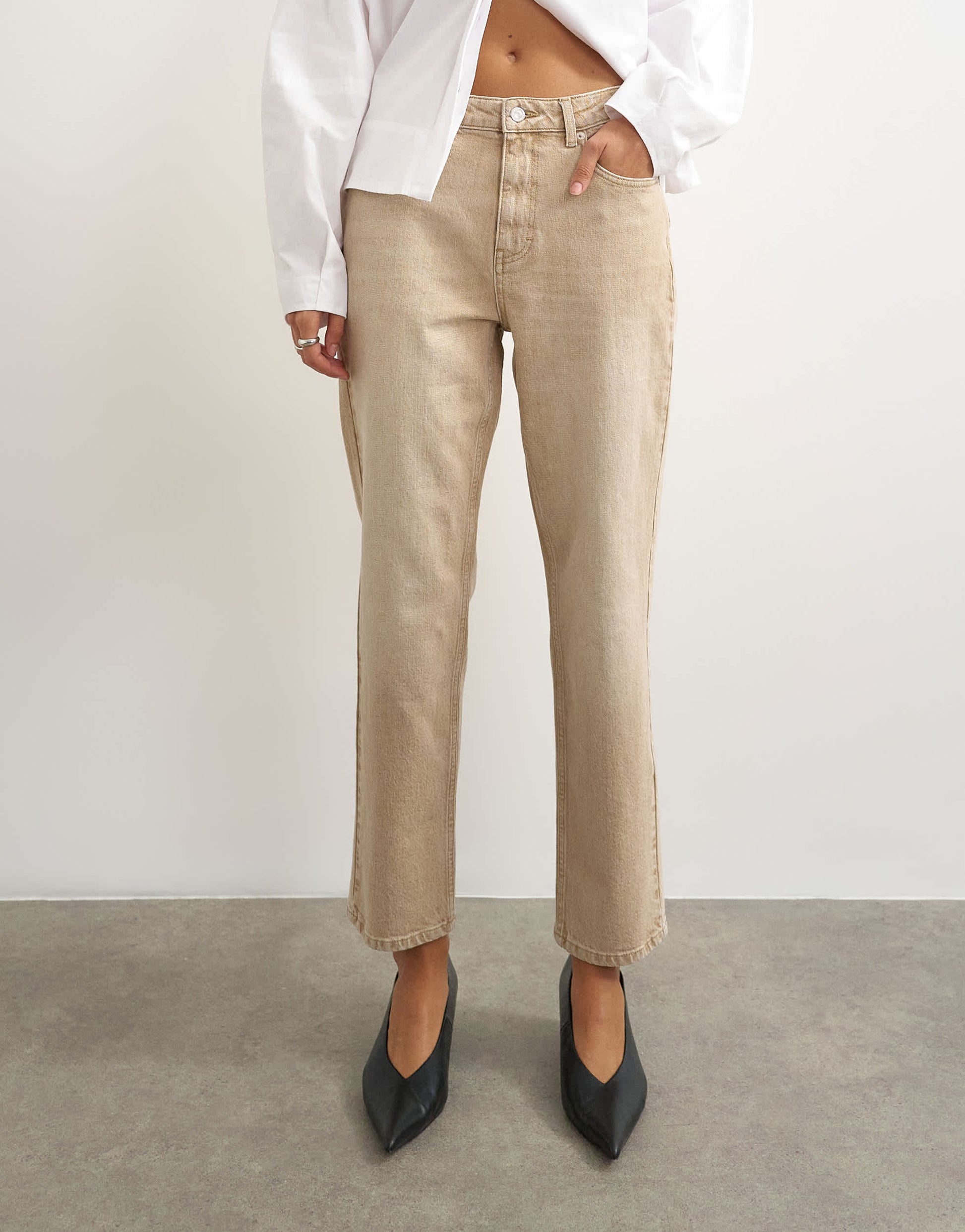 Topshop Orson comfort stretch straight leg ankle grazer jean in winter oat