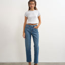 Topshop Orson comfort stretch straight leg ankle grazer jean in mid blue