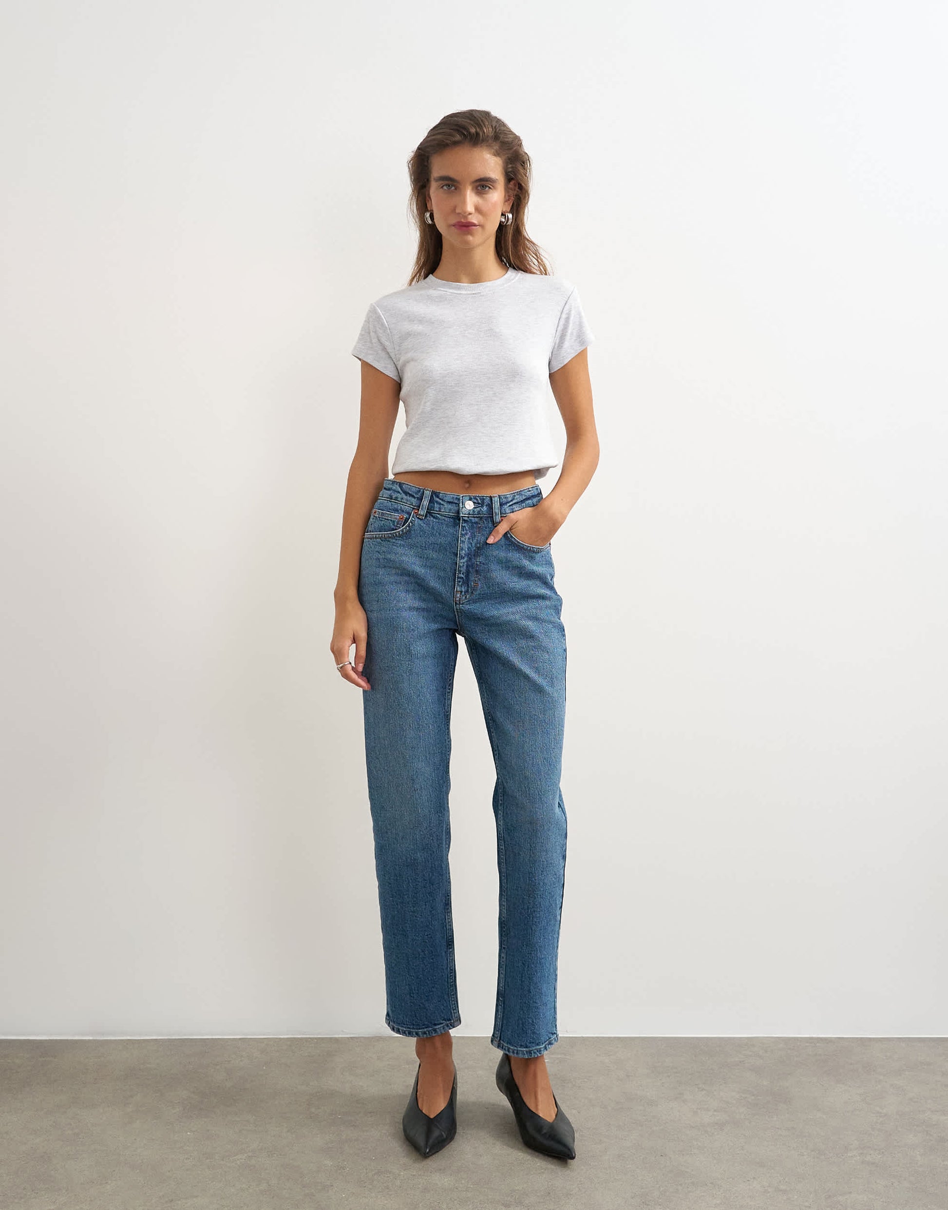 Topshop Orson comfort stretch straight leg ankle grazer jean in mid blue