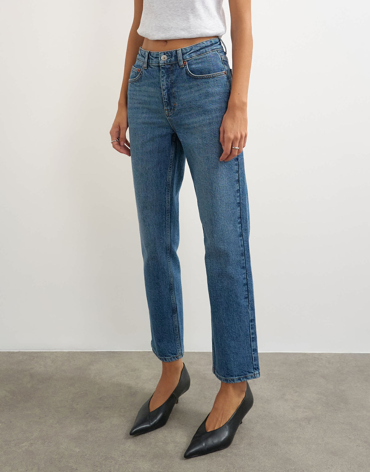 Topshop Orson comfort stretch straight leg ankle grazer jean in mid blue
