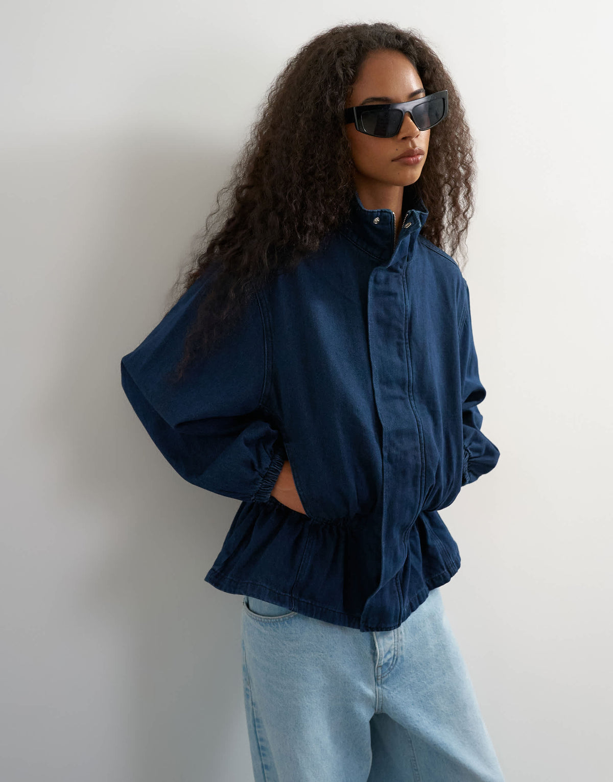 Topshop Elastic waist funnel top in indigo 