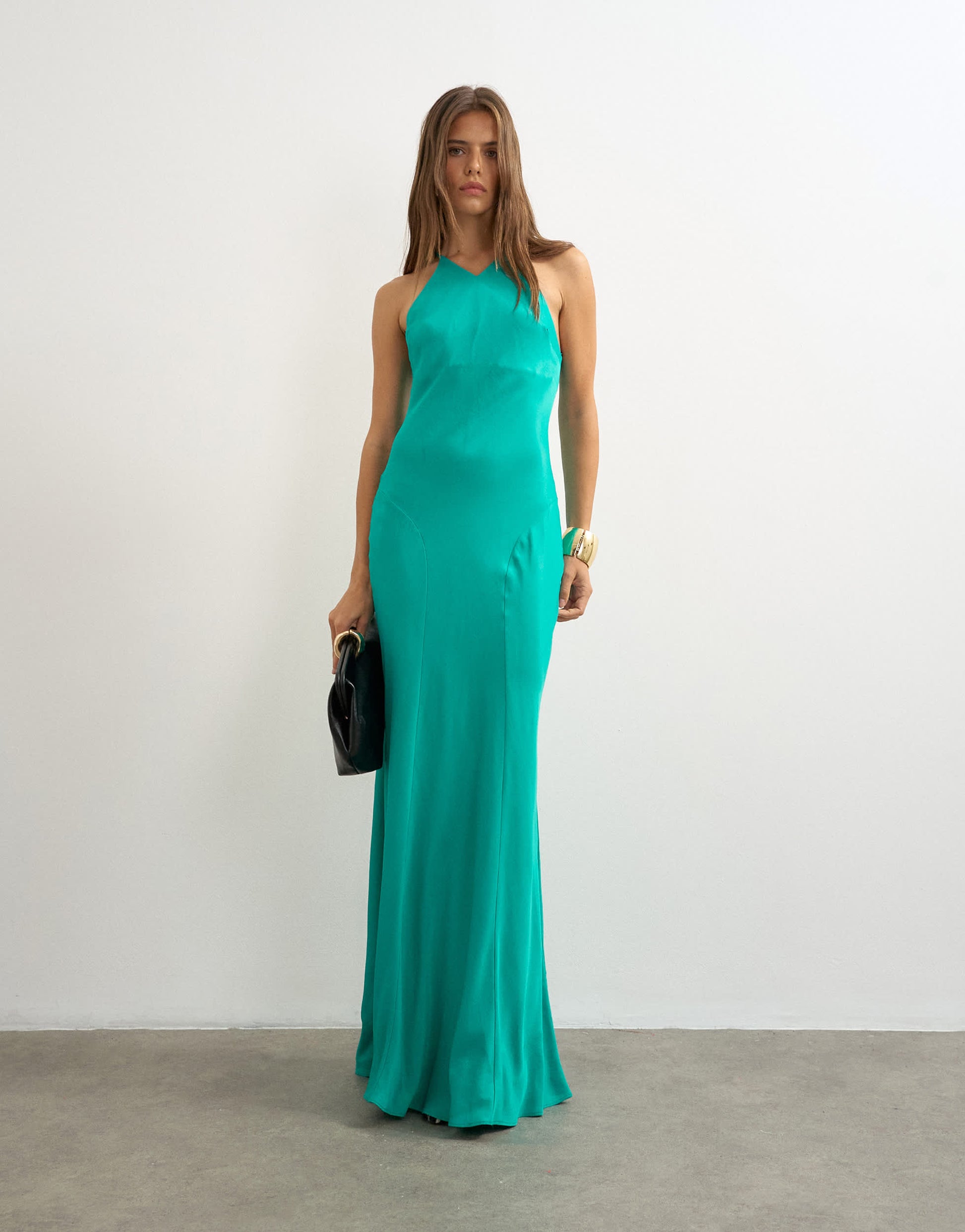 Topshop satin cut away racer neck full skirt maxi dress in green