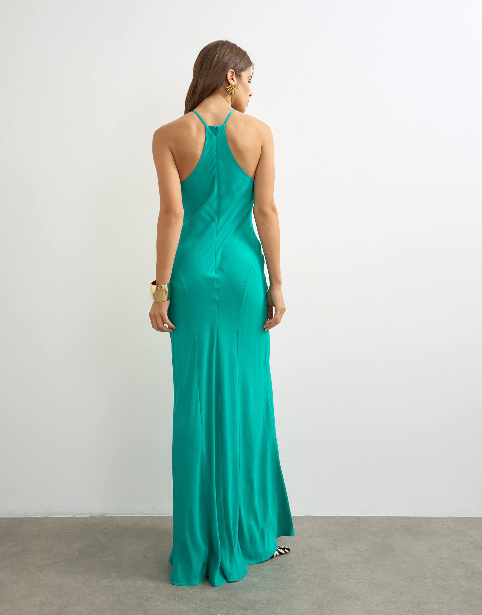 Topshop satin cut away racer neck full skirt maxi dress in green