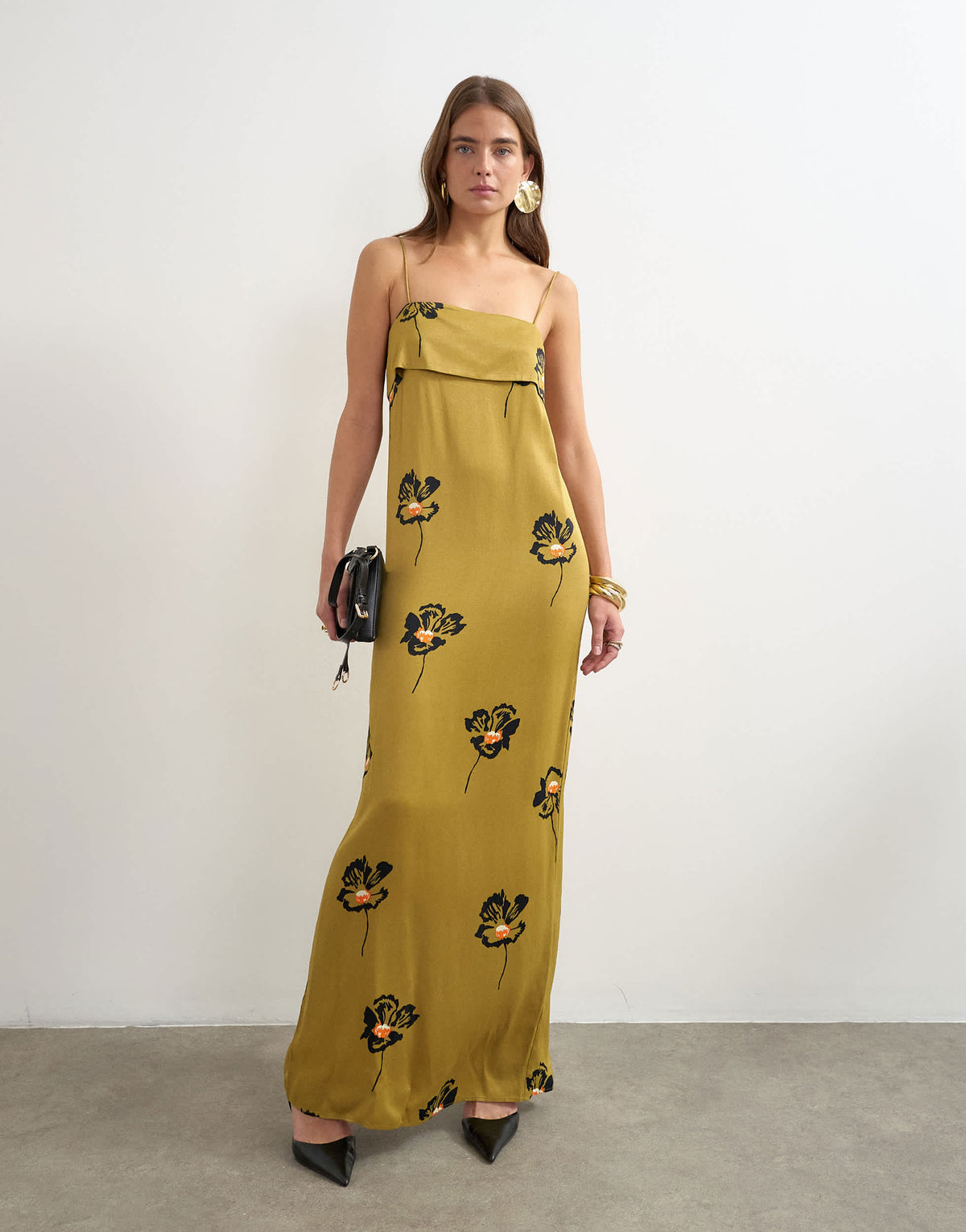 Topshop satin lapel bust maxi dress in olive scattered floral