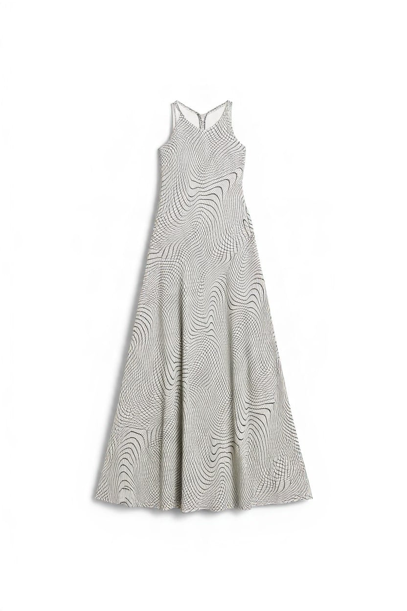 Topshop satin cut away racer neck full skirt maxi dress in mono wavy print