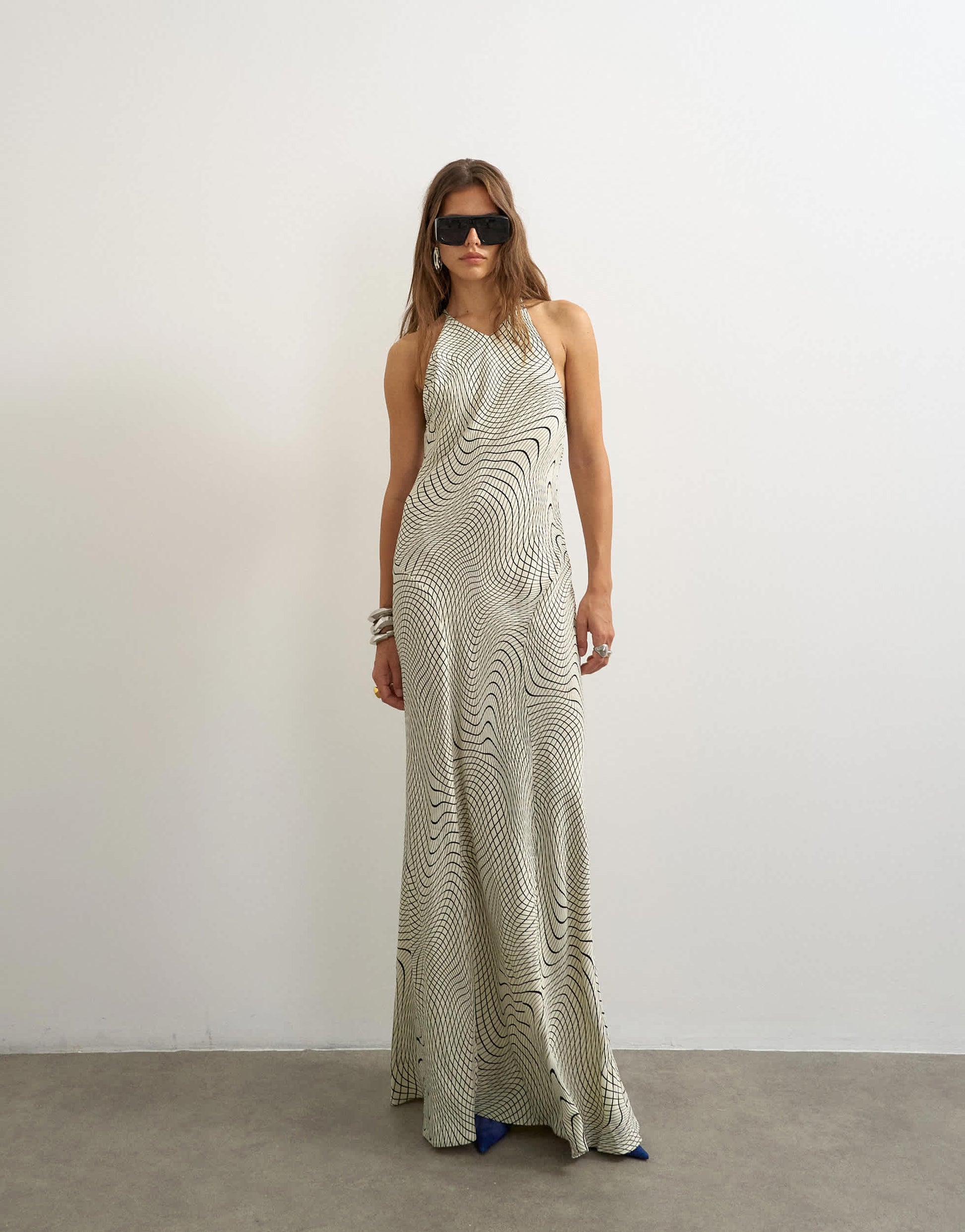 Topshop satin cut away racer neck full skirt maxi dress in mono wavy print