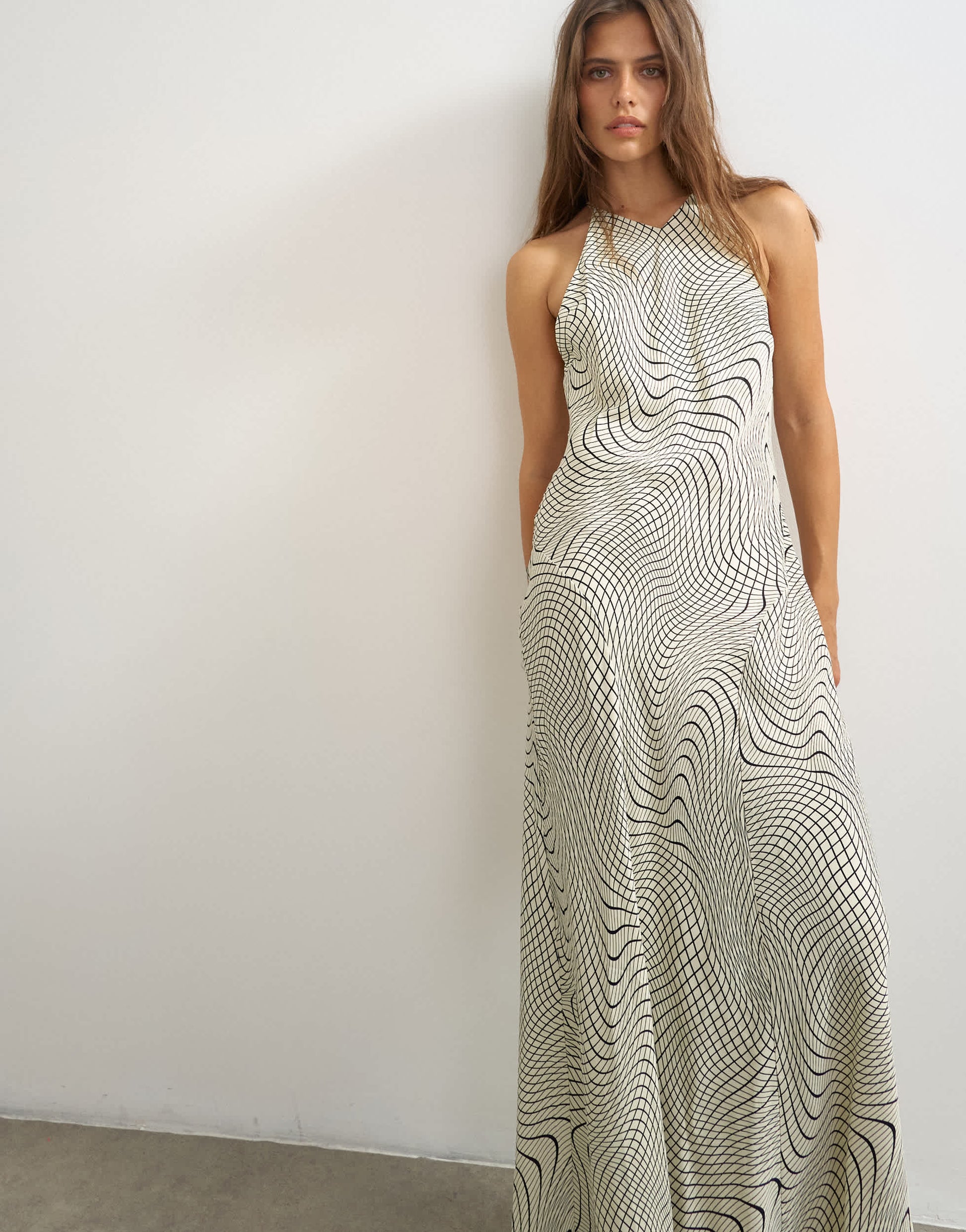 Topshop satin cut away racer neck full skirt maxi dress in mono wavy print