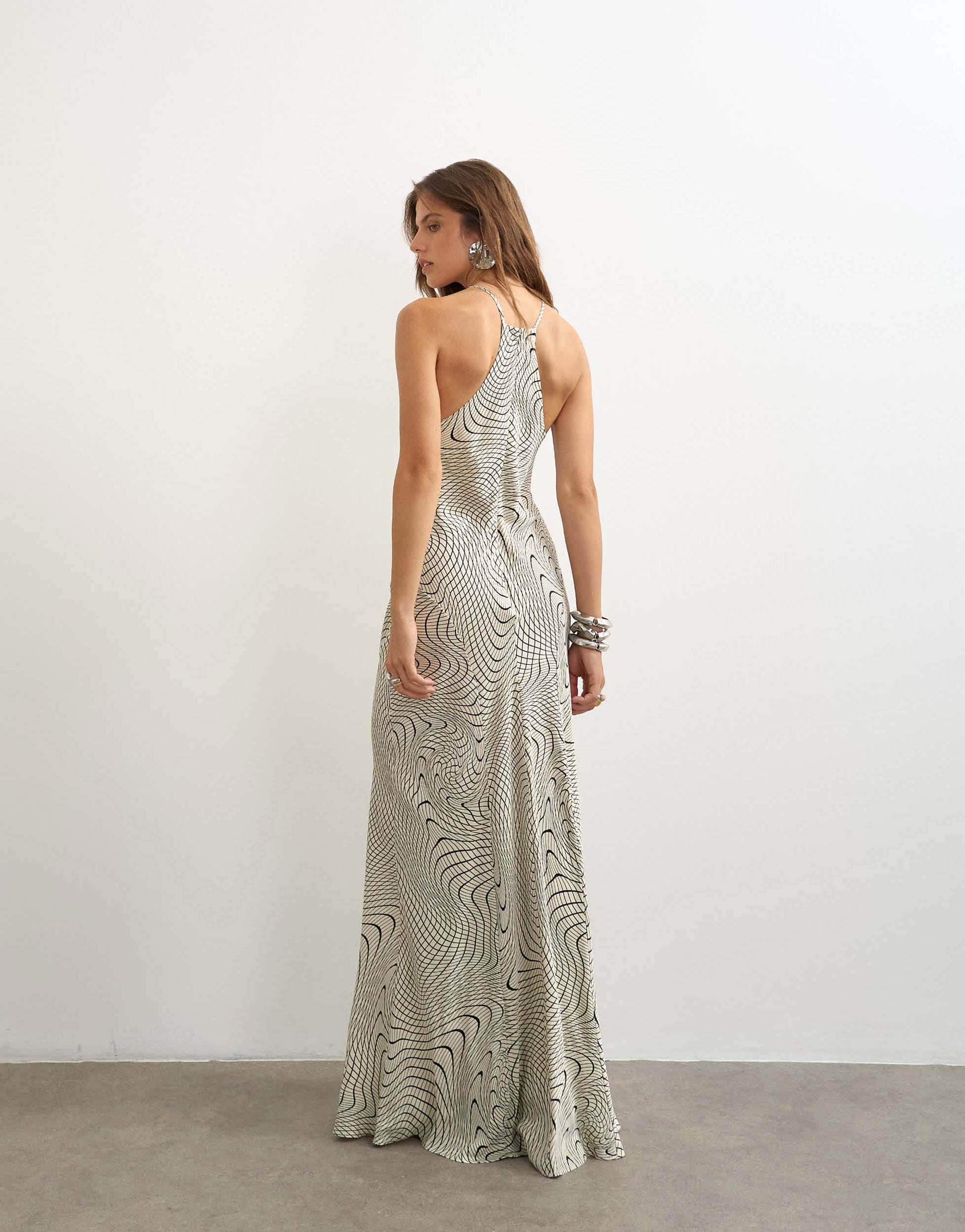 Topshop satin cut away racer neck full skirt maxi dress in mono wavy print
