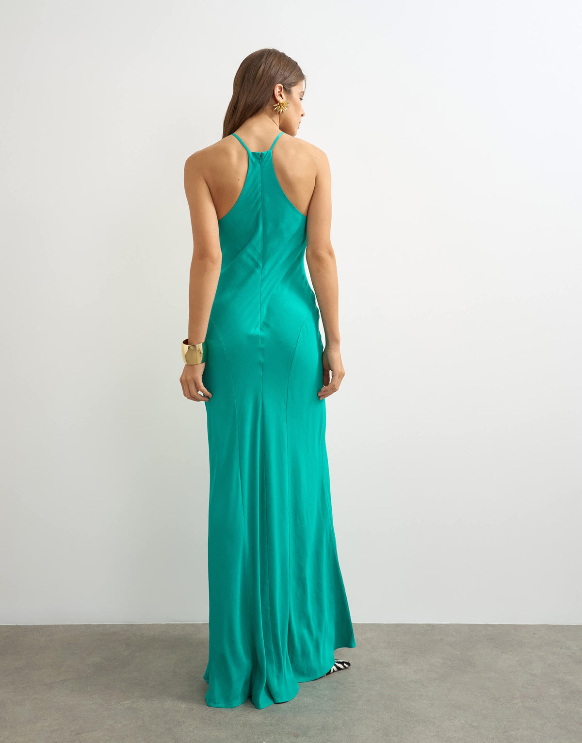 Topshop satin cut away racer neck full skirt maxi dress in green