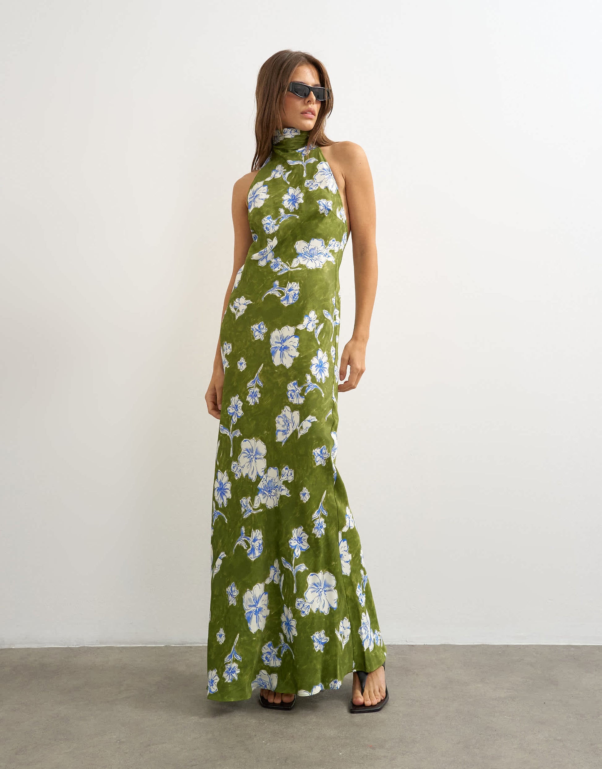 Topshop satin bias collapsed funnel halter neck maxi dress with open back in green floral