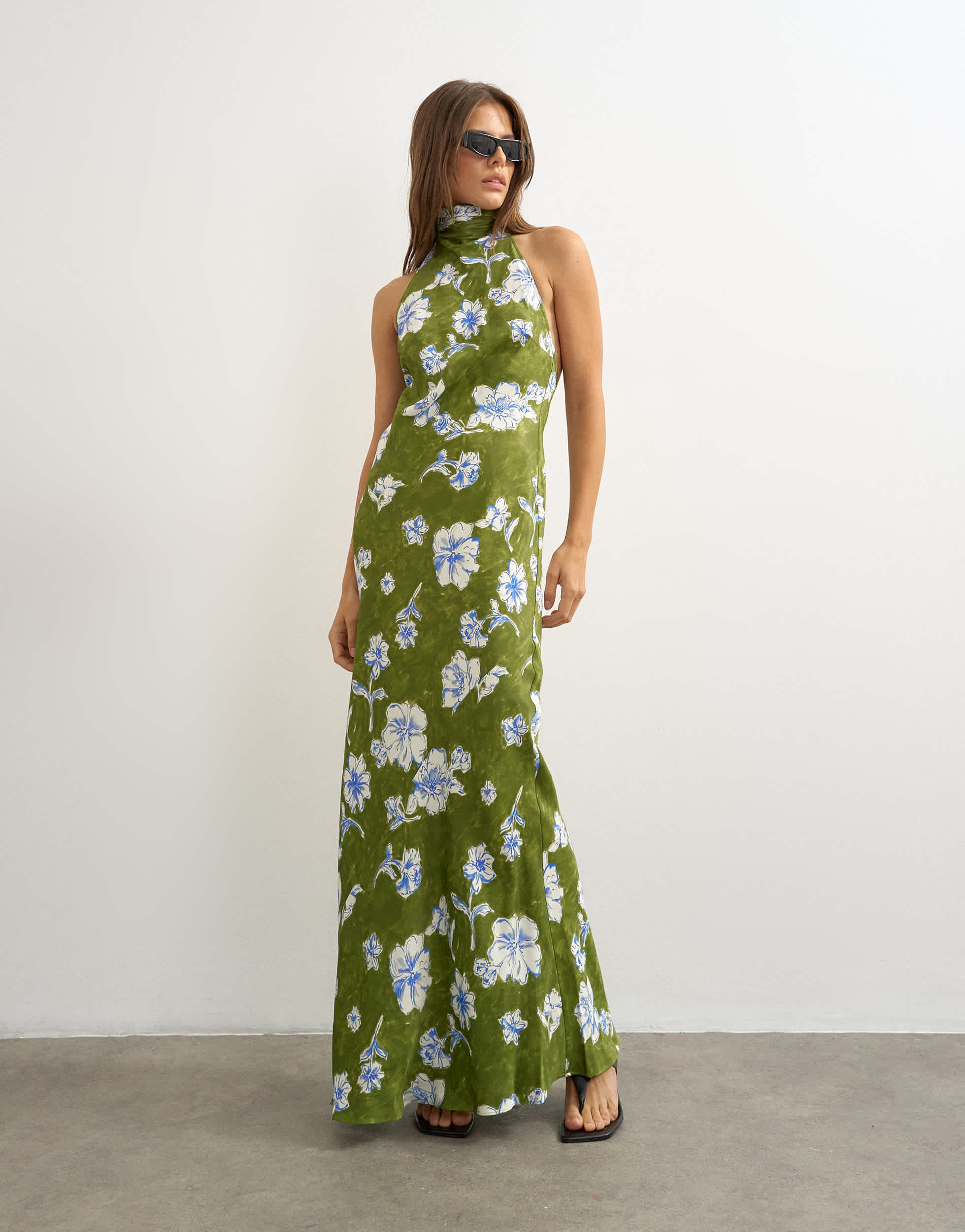 Topshop satin bias collapsed funnel halter neck maxi dress with open back in green floral