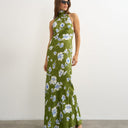 Topshop satin bias collapsed funnel halter neck maxi dress with open back in green floral