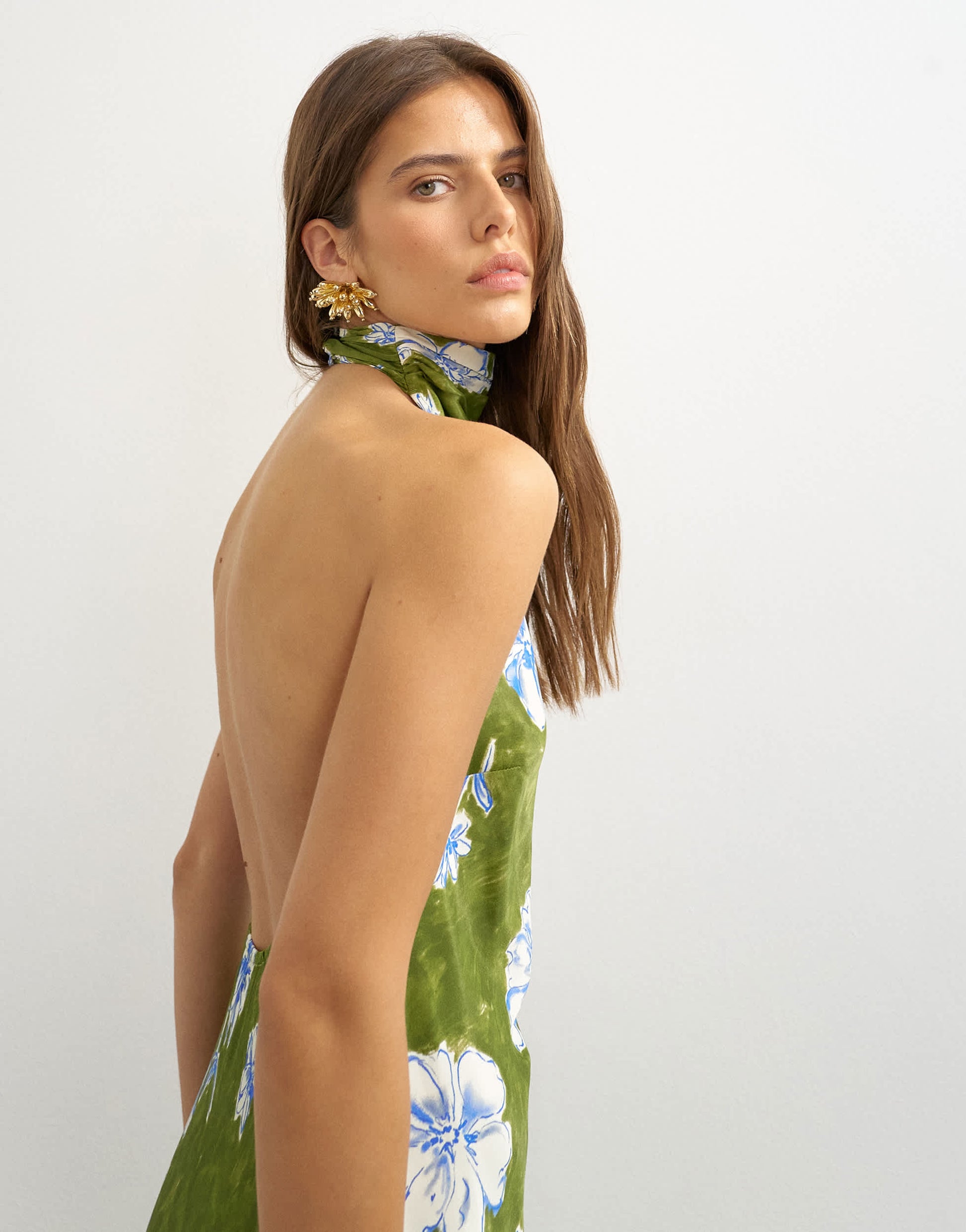 Topshop satin bias collapsed funnel halter neck maxi dress with open back in green floral