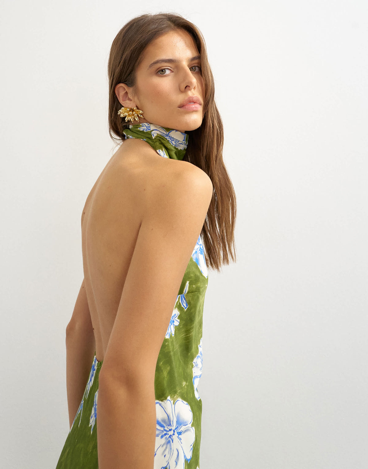 Topshop satin bias collapsed funnel halter neck maxi dress with open back in green floral