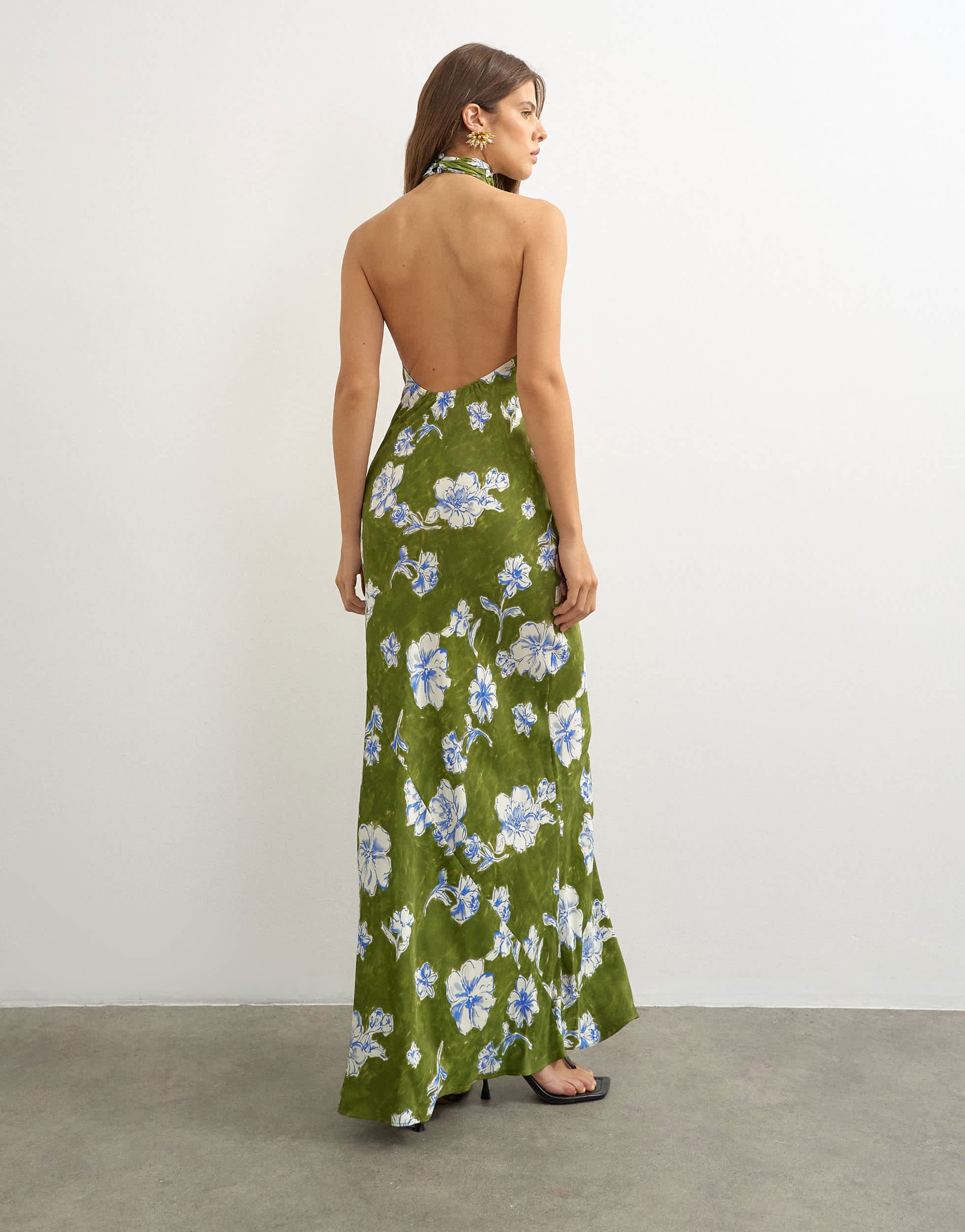Topshop satin bias collapsed funnel halter neck maxi dress with open back in green floral