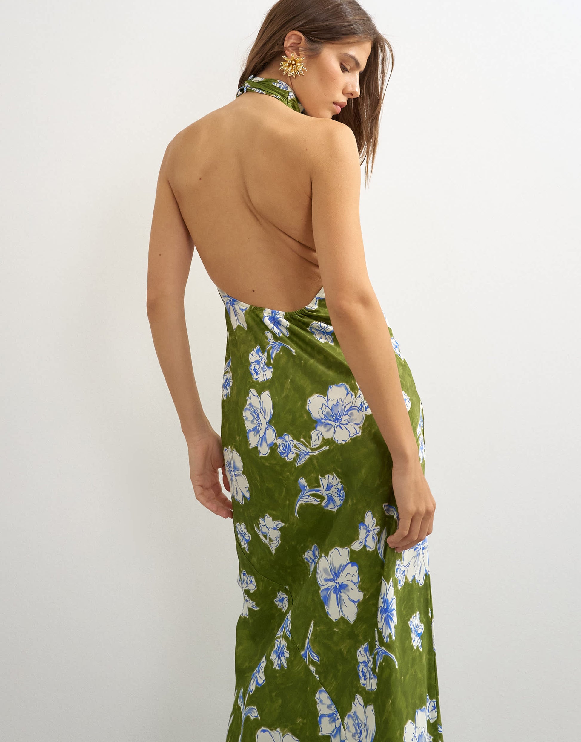 Topshop satin bias collapsed funnel halter neck maxi dress with open back in green floral