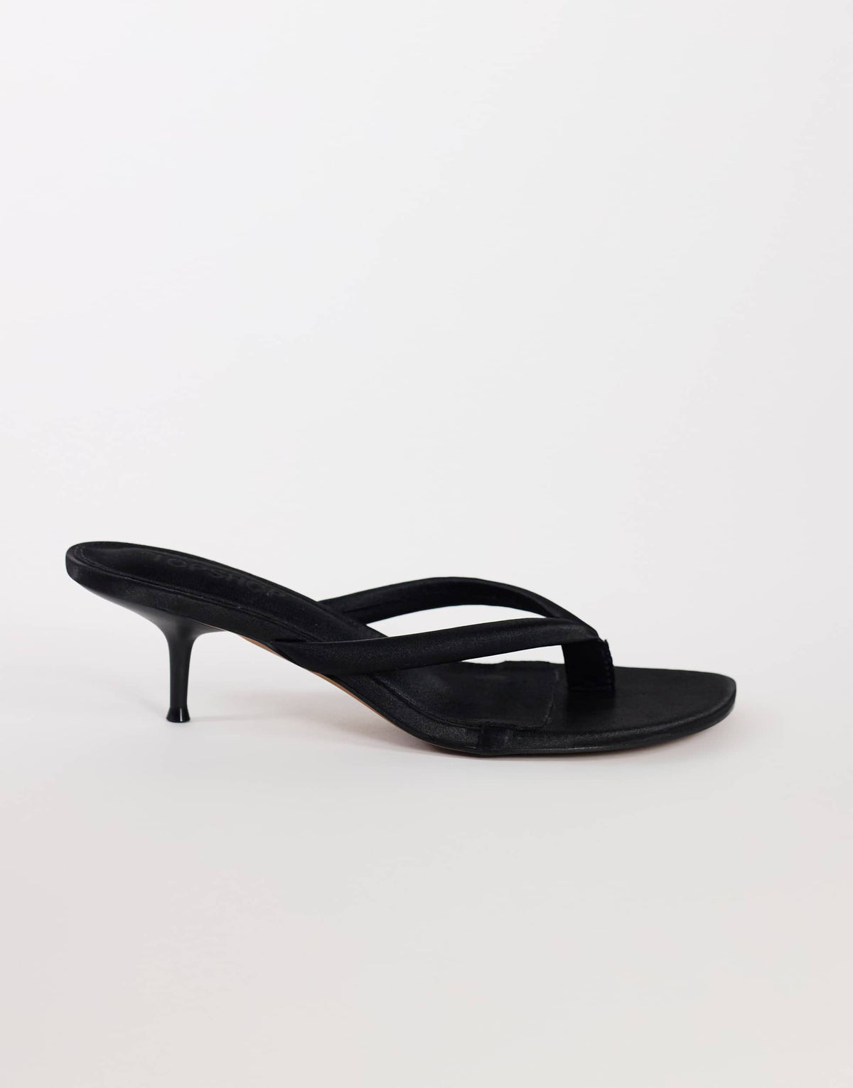 Topshop Arianna toe thong mid heel sandal in black satin