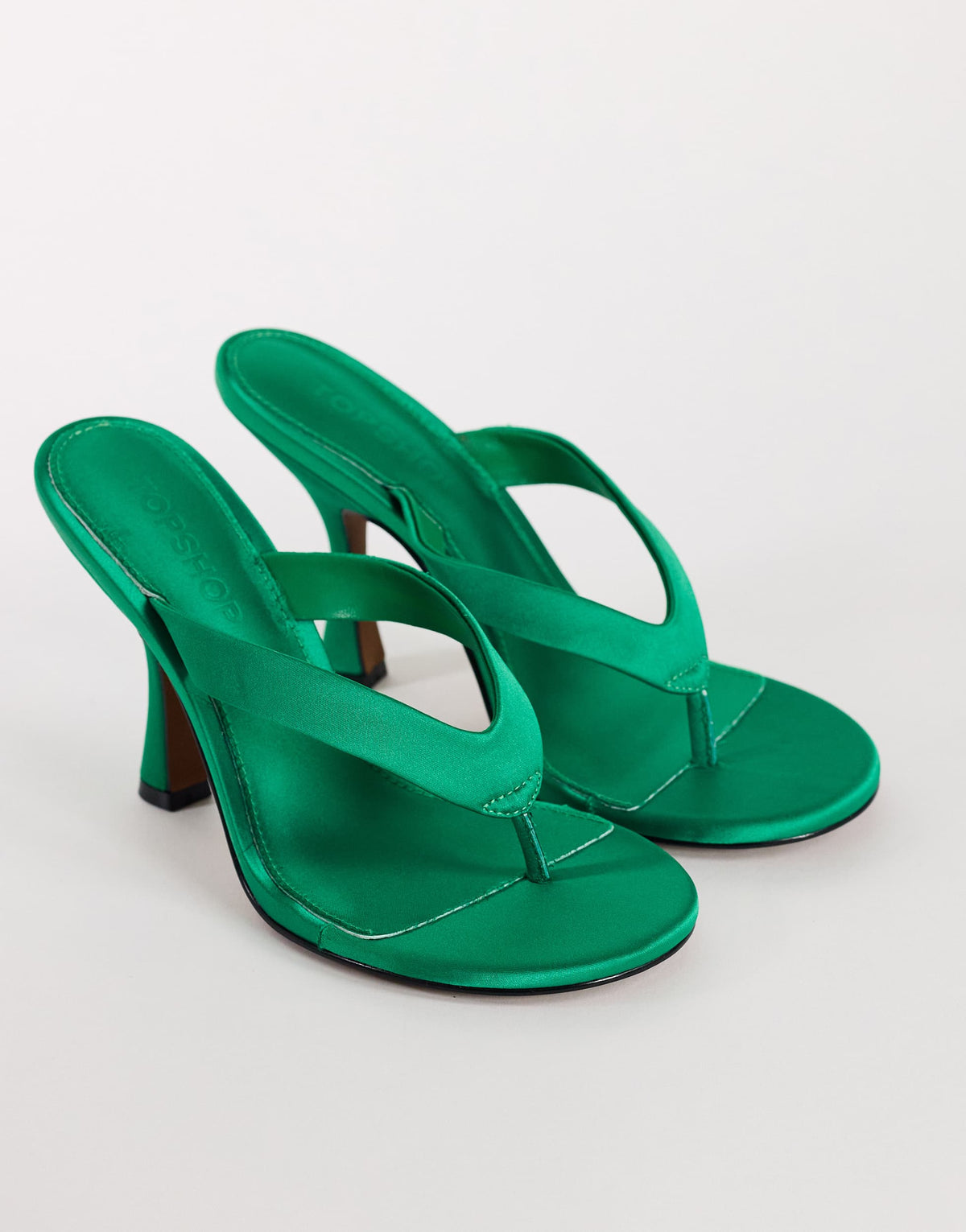Topshop Nina toe thong heeled sandal in green satin